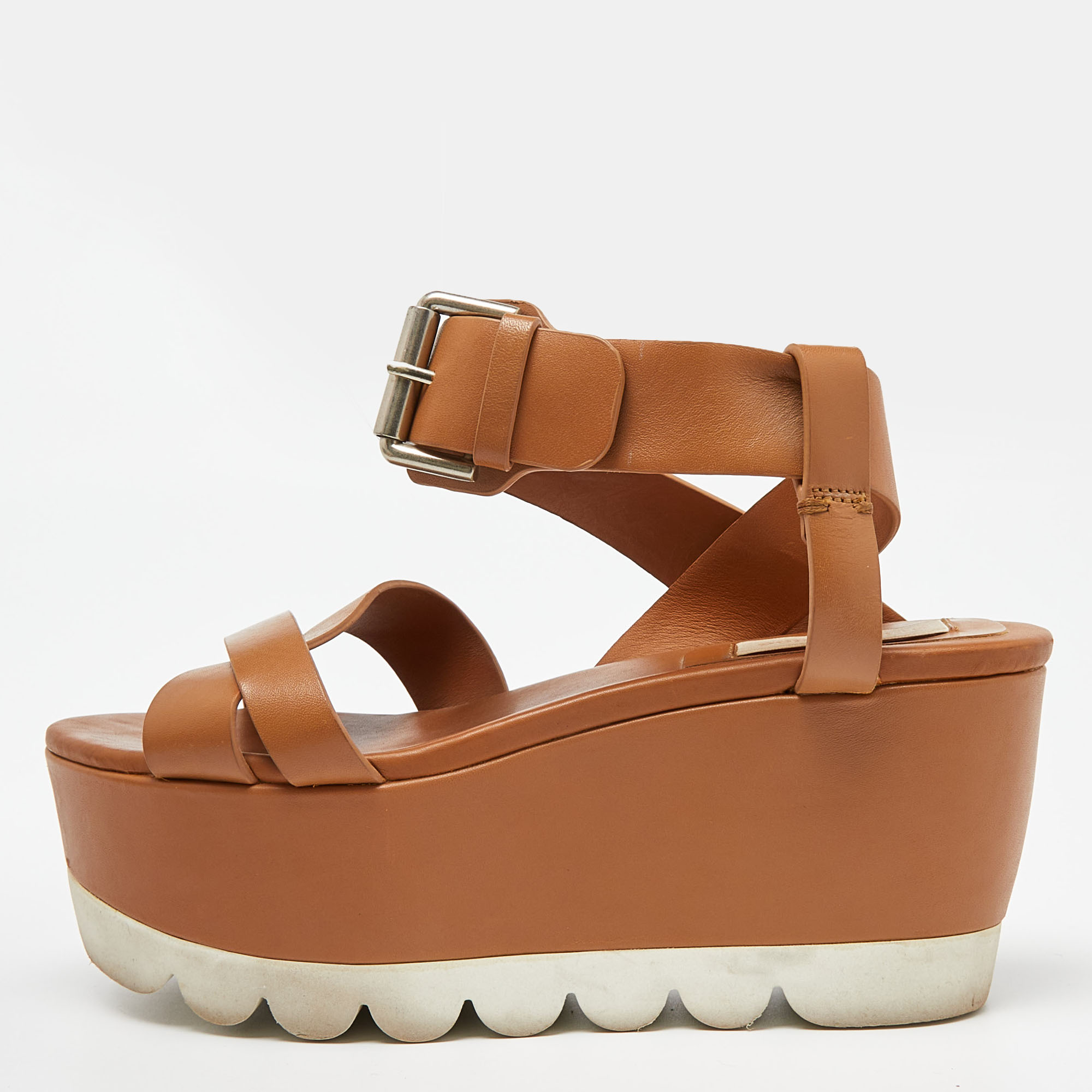 

See by Chloe Brown Leather Wedge Platform Ankle Strap Sandals Size