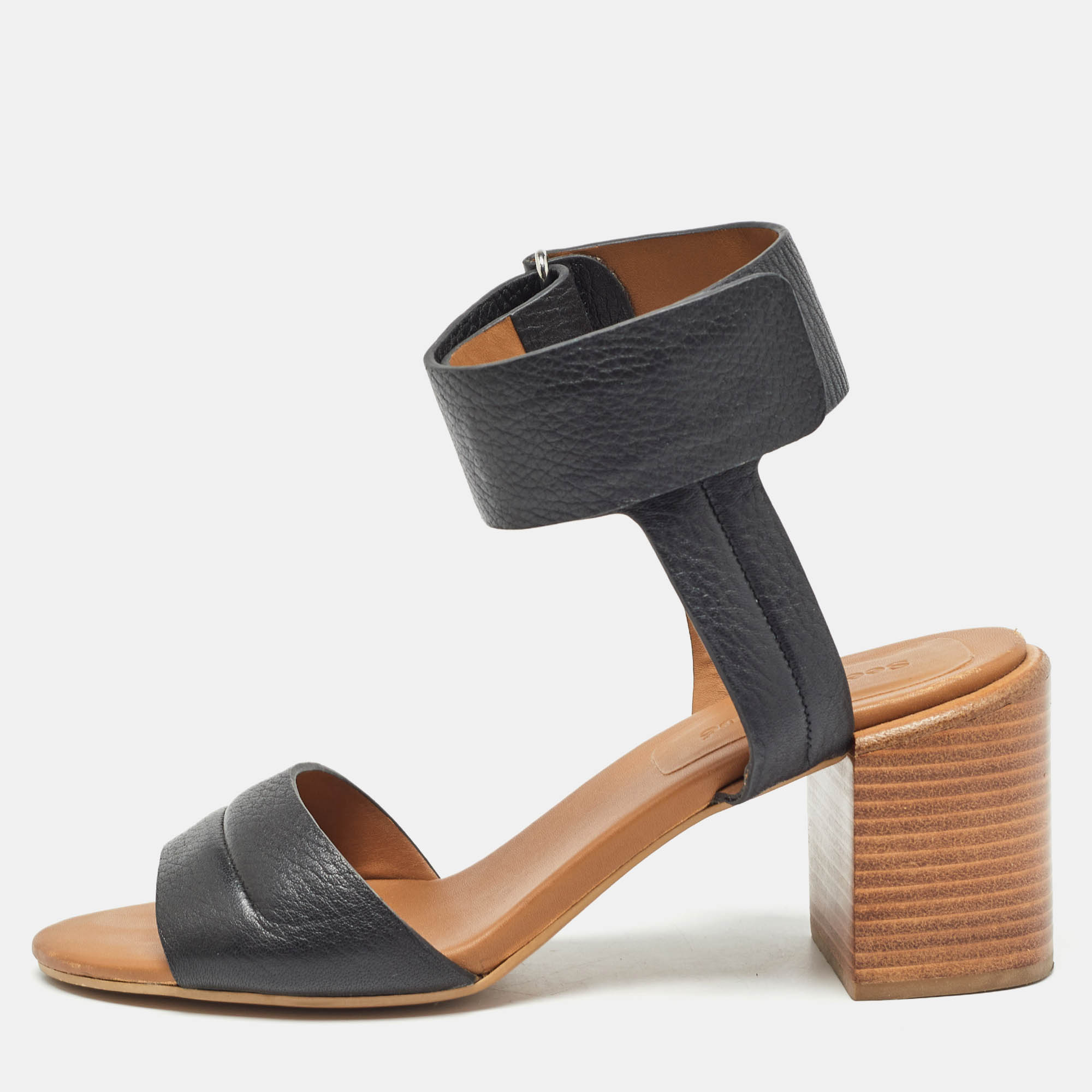 

See by Chloe Brown Leather Block Heel Ankle Cuff Sandals Size, Black