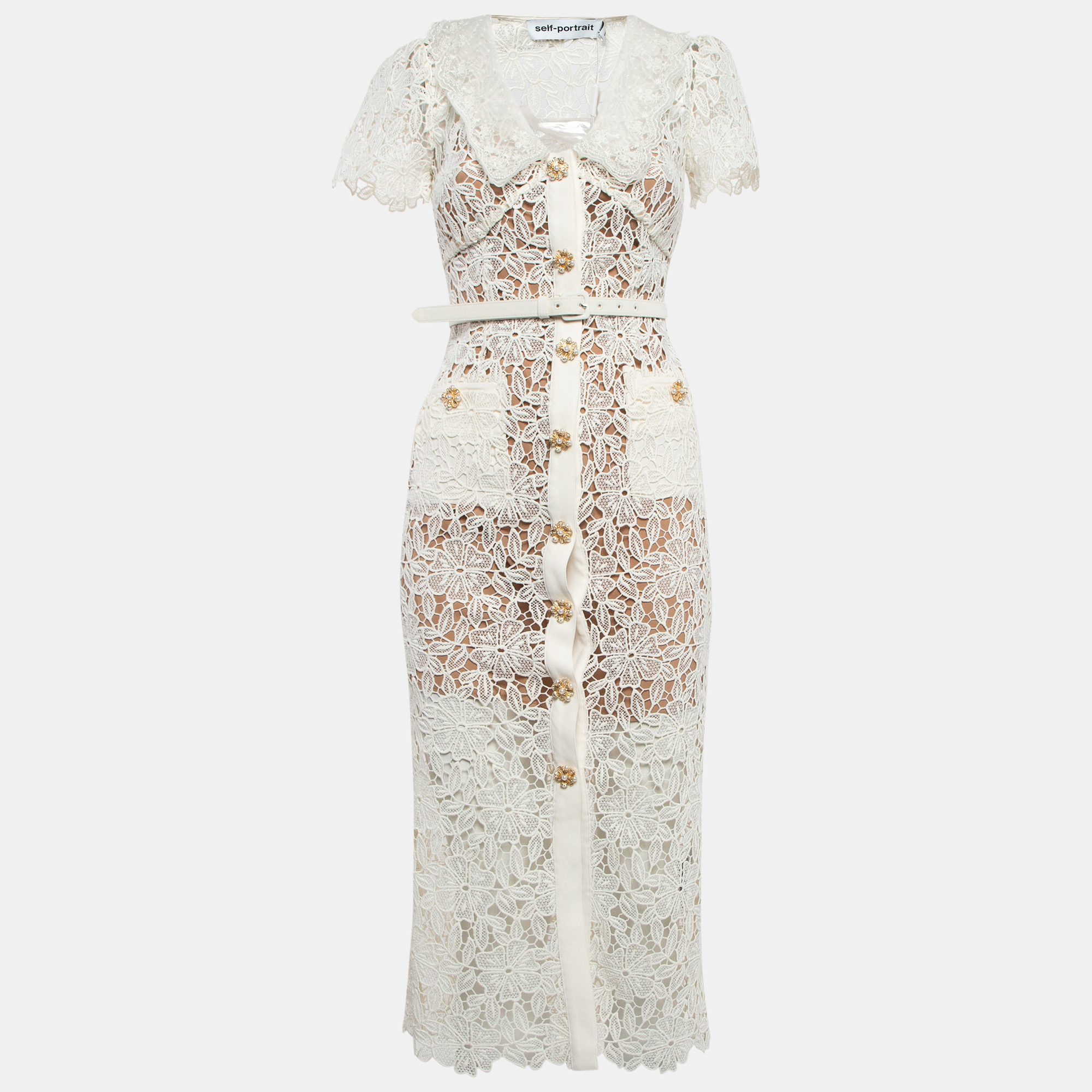 

Self-Portrait Cream Lace Belted Midi Dress XS