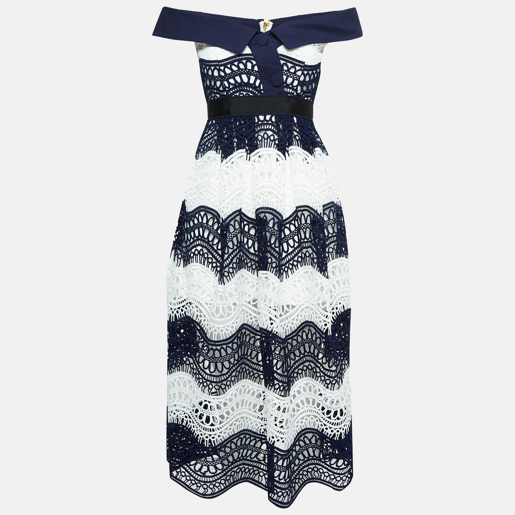 

Self-Portrait Navy Blue & White Guipure Lace Off-Shoulder Dress S