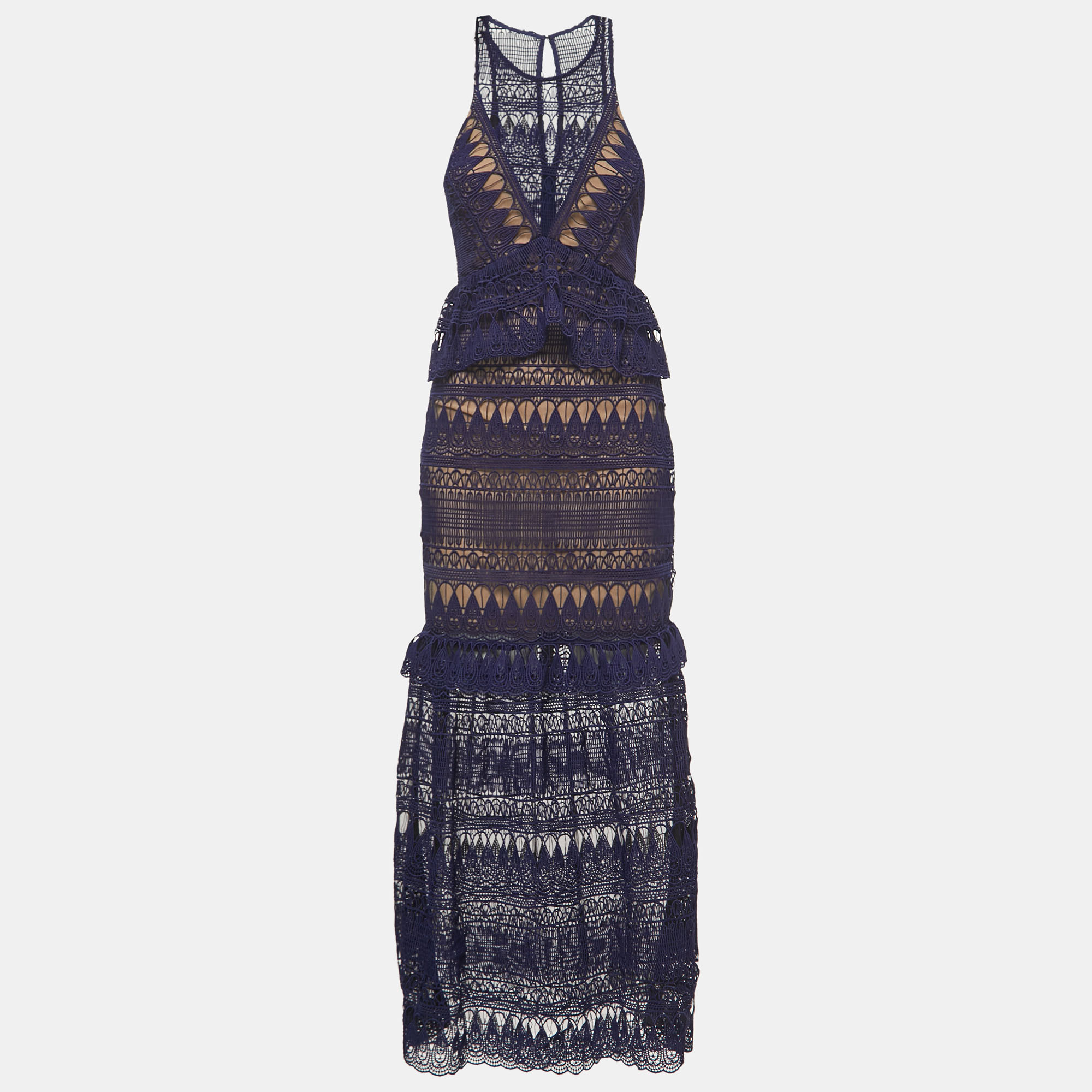 

Self-Portrait Navy Blue Teardrop Guipure Lace Paneled Maxi Dress M