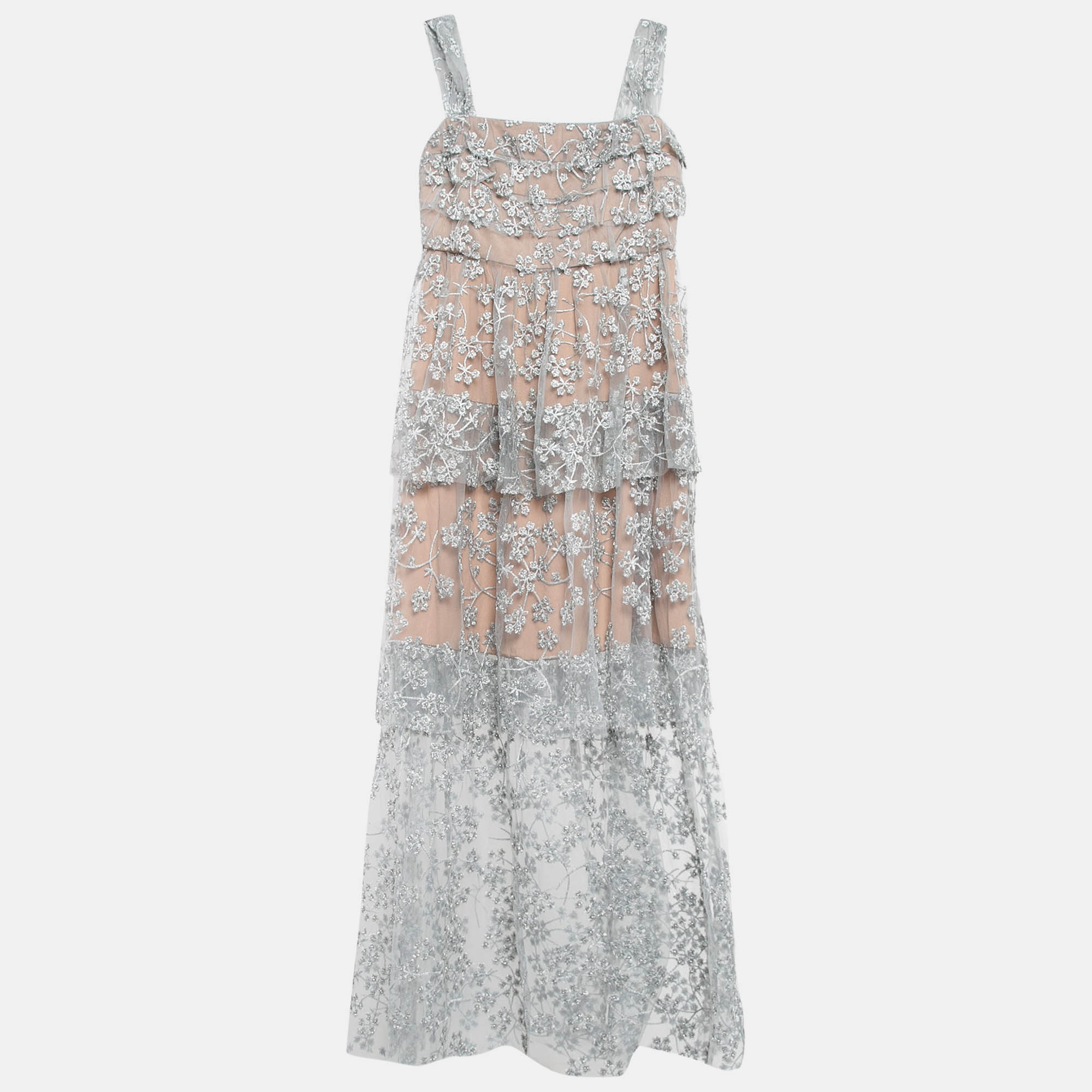 

Self-Portrait Grey Blossom Embroidery Tulle Tiered Maxi Dress M