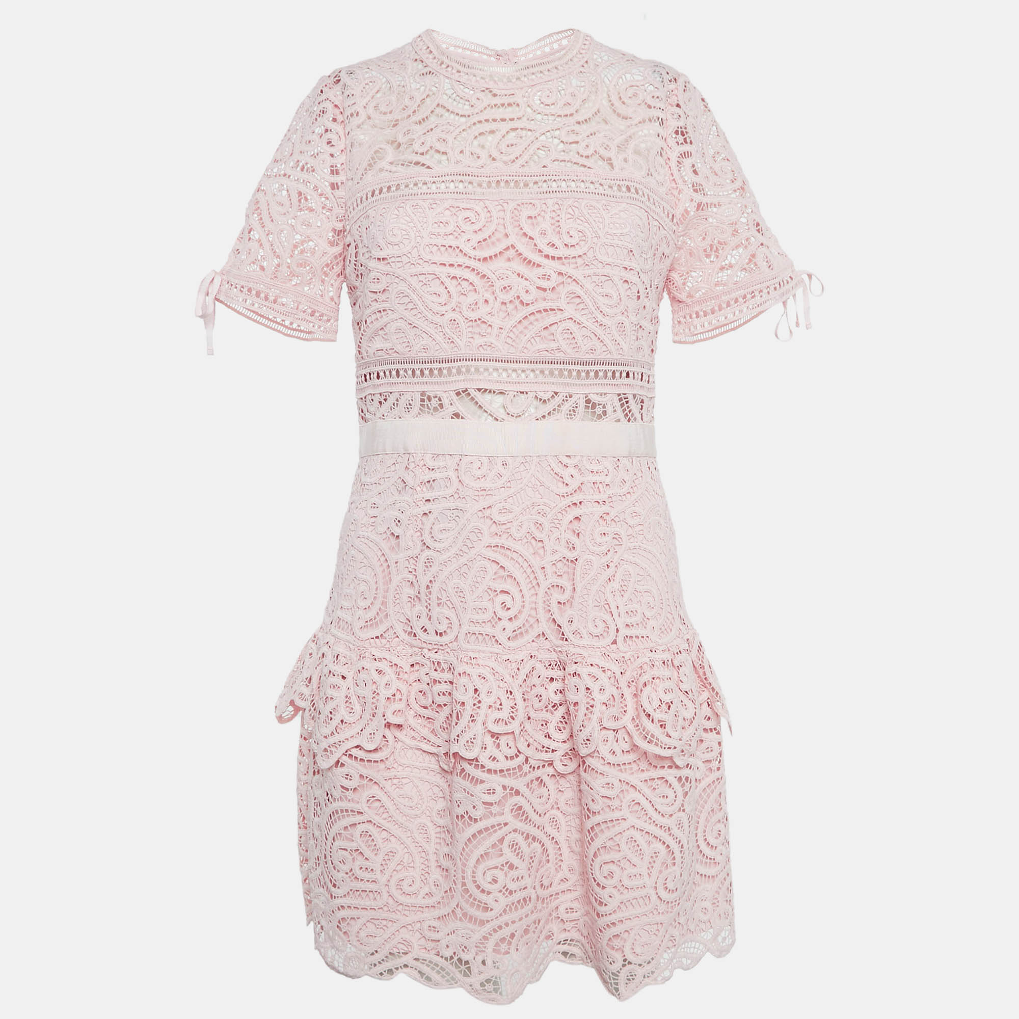 Pre-owned Self-portrait Pink Abstract Guipure Lace Ruffled Mini Dress S