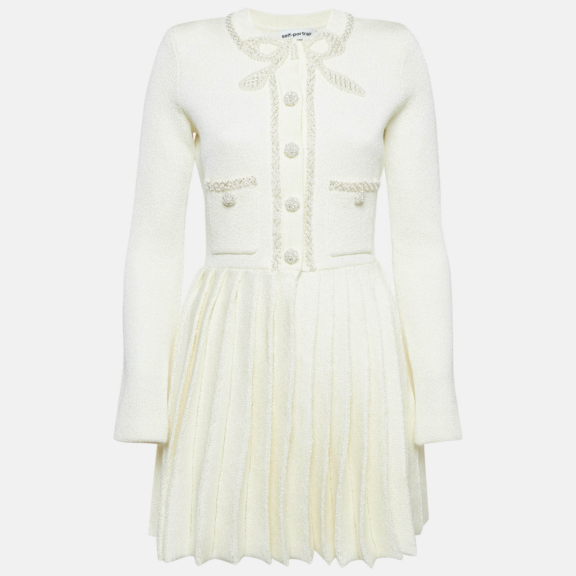 

Self-Portrait Cream Knit Bow Embellishment Detail Pleated Mini Dress M