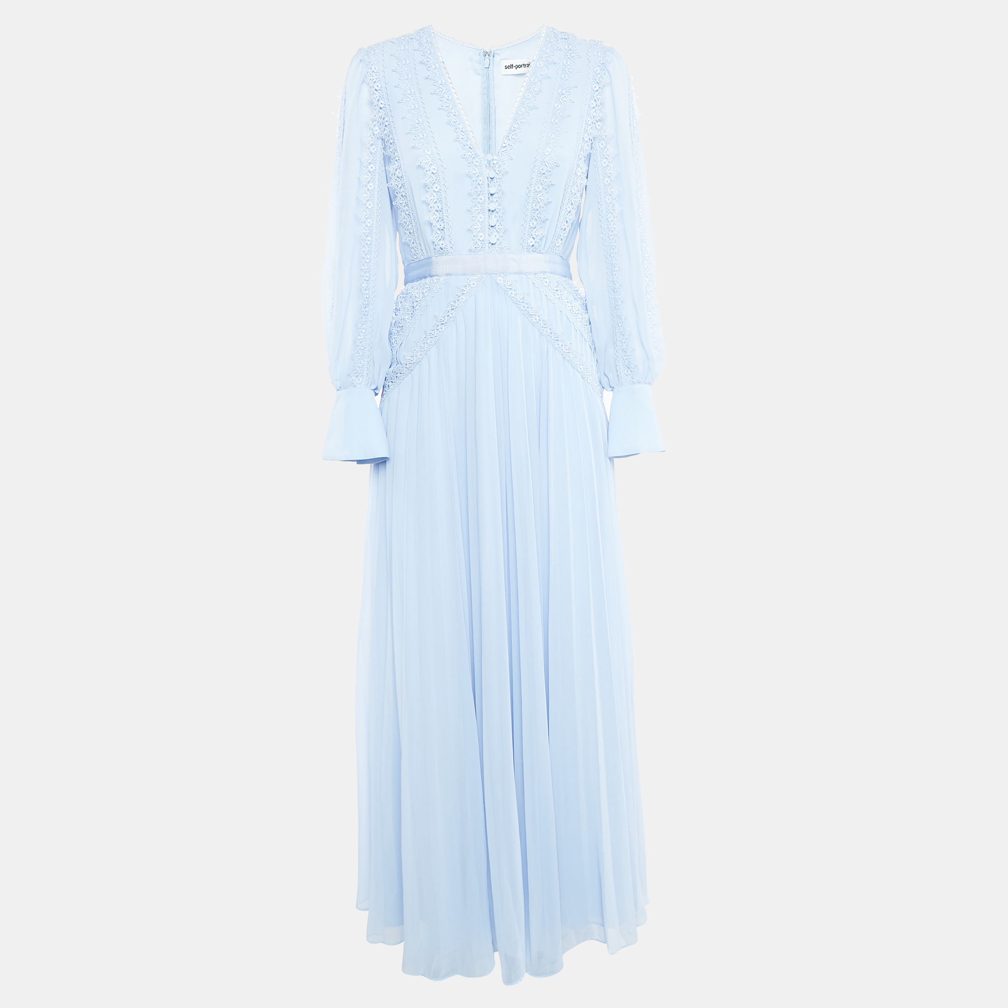 

Self-Portrait Light Blue Chiffon Lace Trimmed Maxi Dress M