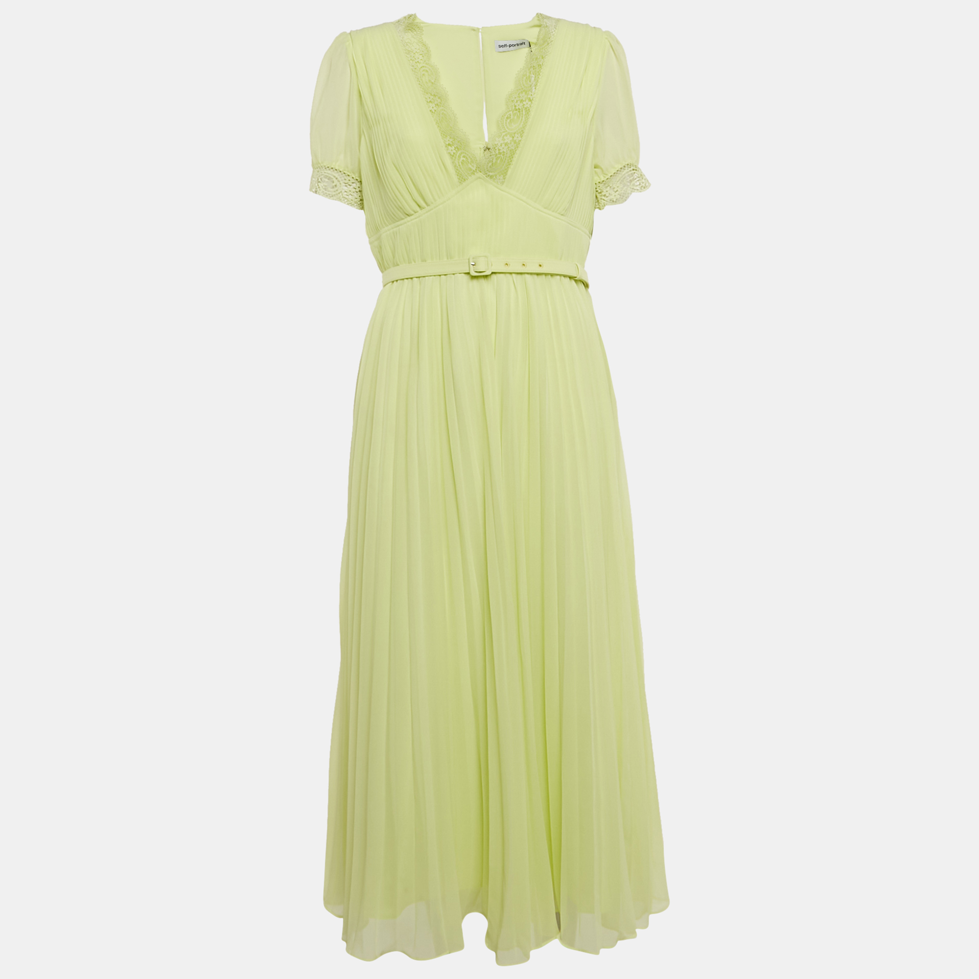 

Self-Portrait Lime Green Chiffon Lace Trim Pleated Midi Dress L