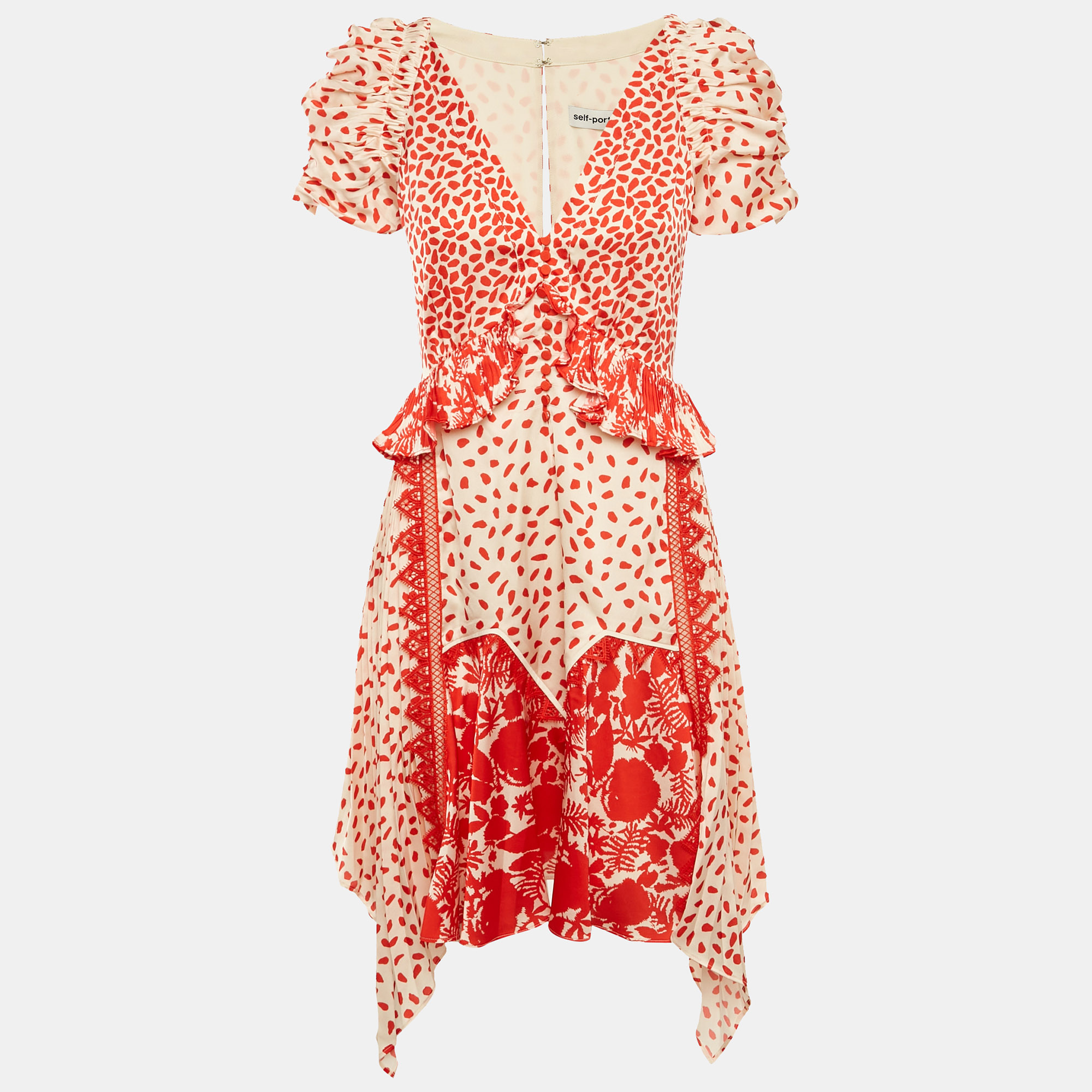 

Self-Portrait Beige/Red Printed Satin Handkerchief Dress S