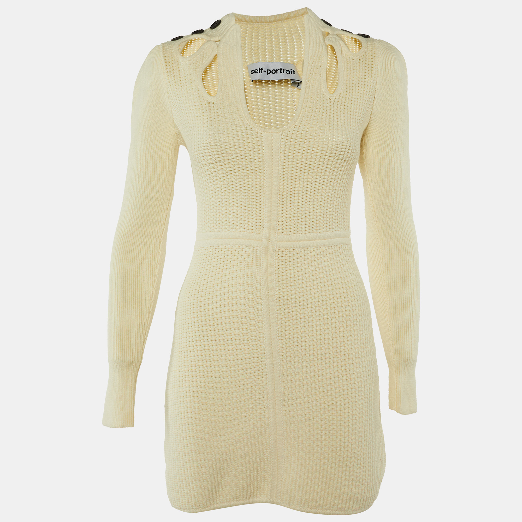 

Self-Portrait Ivory Ribbed Knit Cut-Out Mini Dress S, White