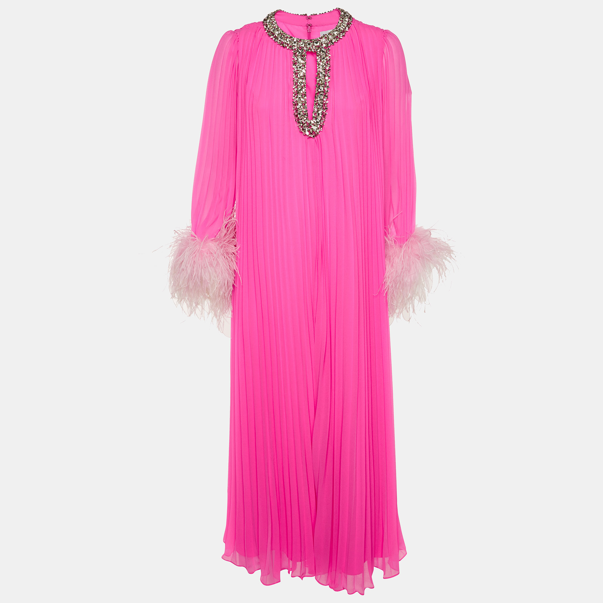 SELF-PORTRAIT Pink Plisse Embellished Feather Maxi Dress S