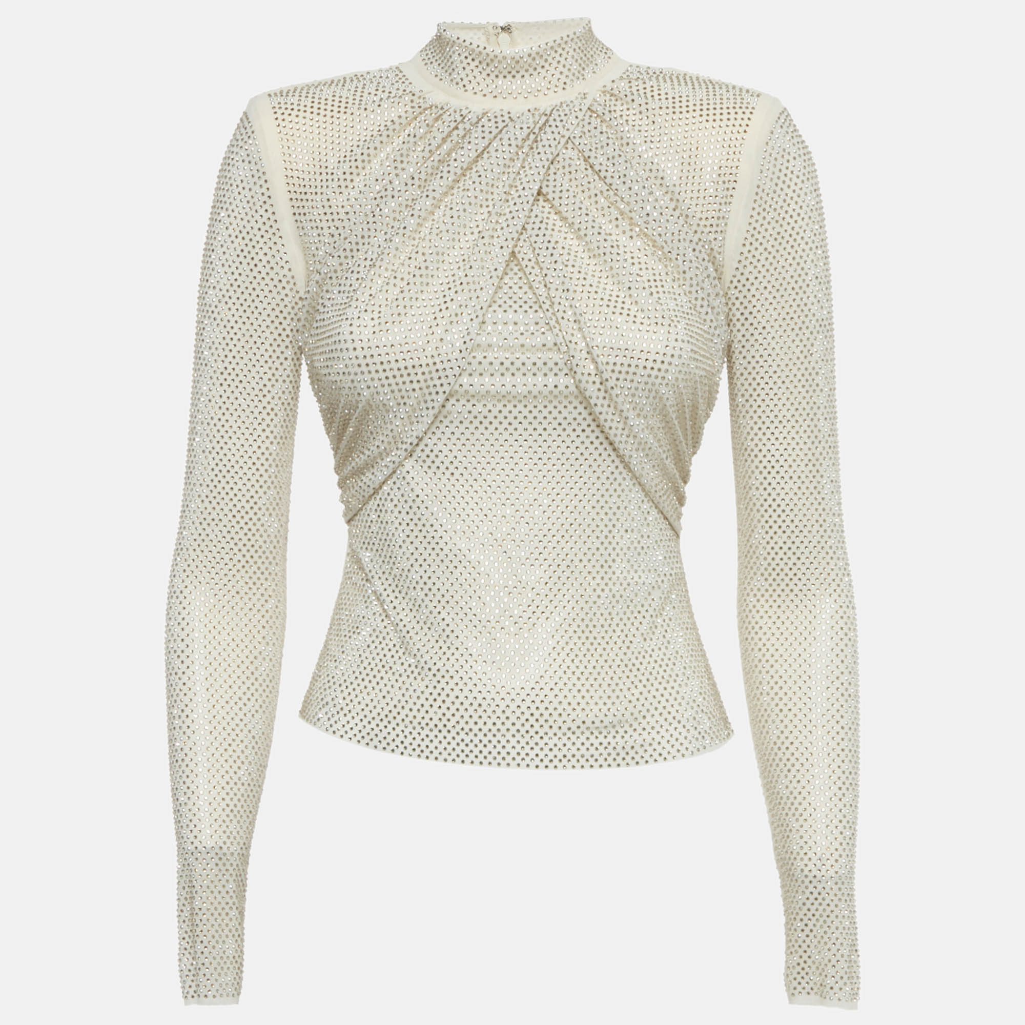 Pre-owned Self-portrait Beige Rhinestone Embellished Mesh Top S In Sand