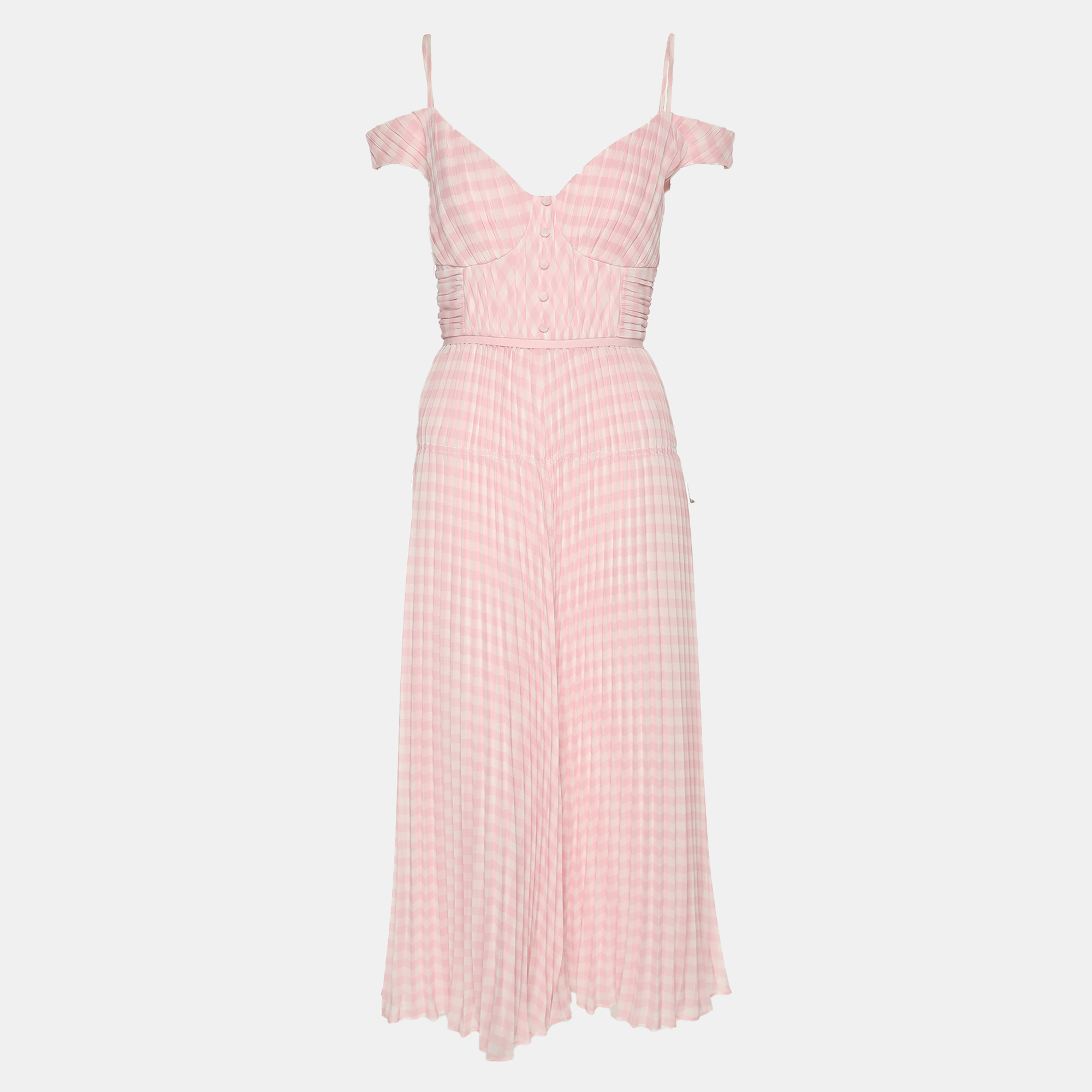 

Self-Portrait Pink Gingham Print Chiffon Pleated Midi Dress M