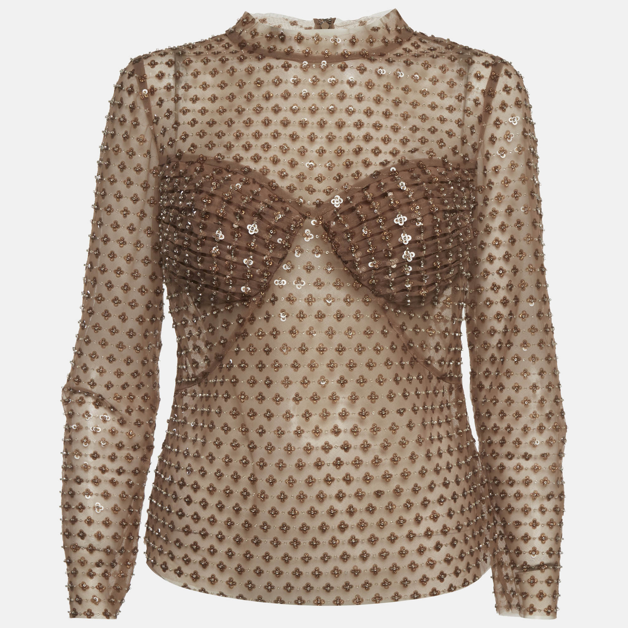 

Self-Portrait Brown Tulle Sheer Dot Sequin Embellished Top M