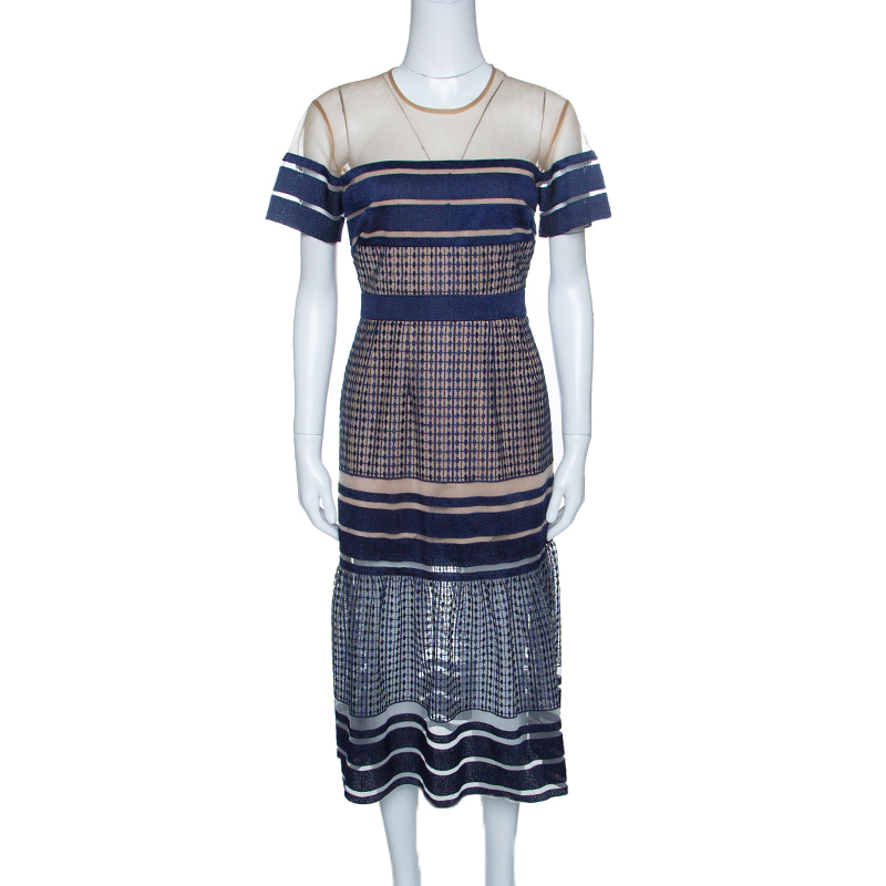 Pre Owned فستان ميدي سيلف بورتريه شبكة أزرق كحلي مخطط مطرز M