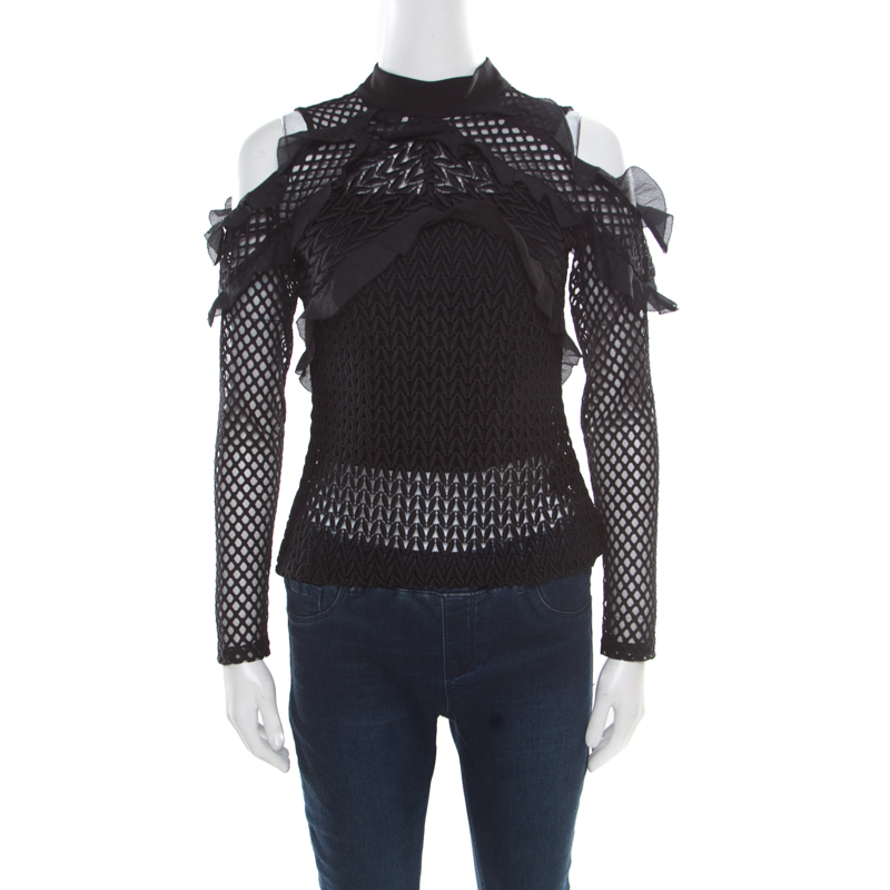 Pre Owned Self Portrait Black Purl Knit Pattern Lace Ruffle Trim Cold Shoulder Top M