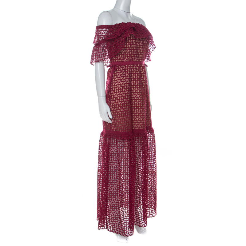

Self Portrait Red Lace Off Shoulder Frill Cutwork Dress