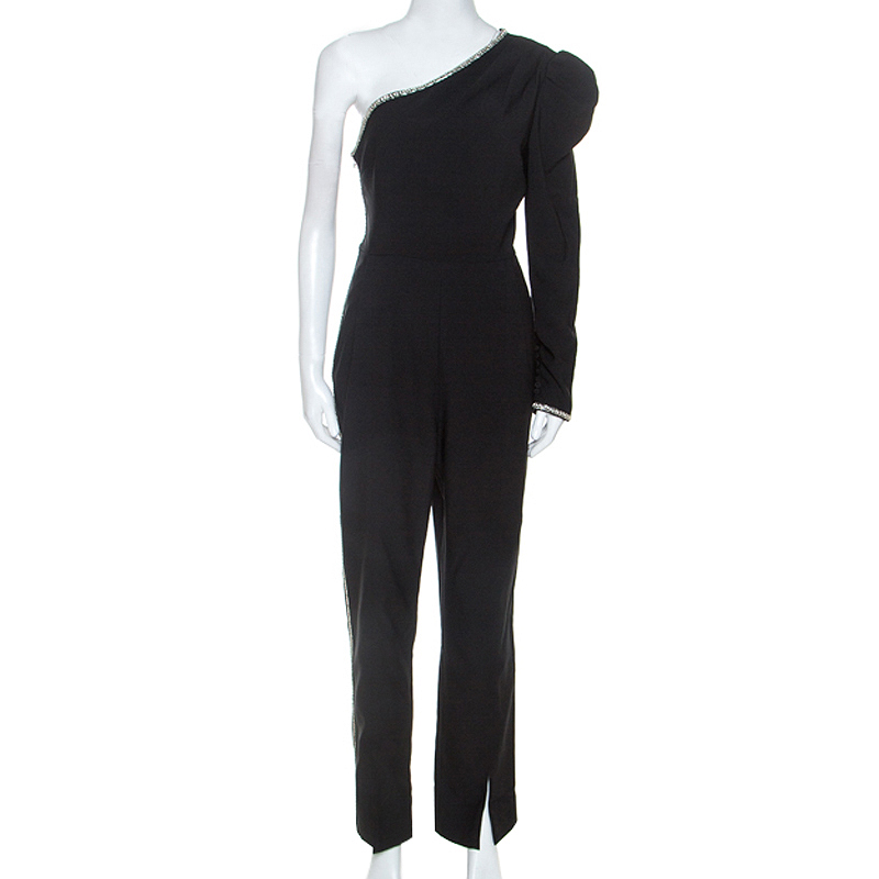 Self-Portrait Black Crepe Crystal Embellished One Shoulder Jumpsuit M