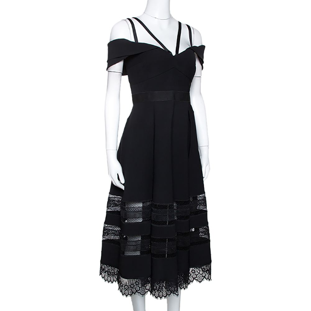 

Self Portrait Black Cady Lace Trim Draped Shoulder Midi Dress