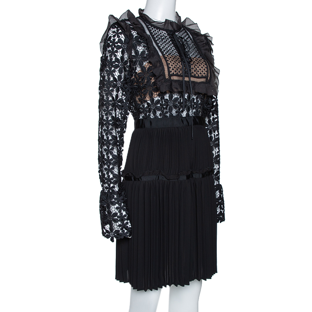 

Self Portrait Black Guipure Lace & Organza Trim Pleated Adeline Dress