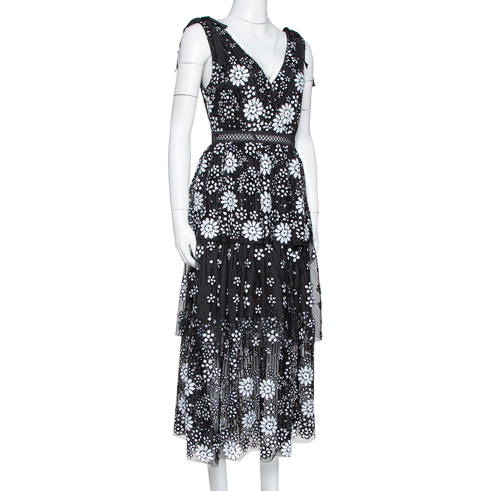 

Self Portrait Black Starlet Deco Sequin Tiered Midi Dress