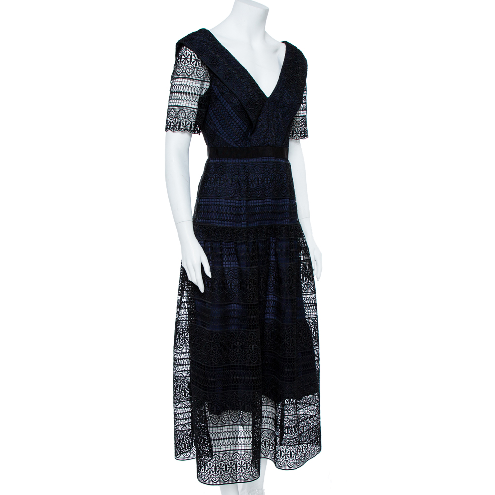 

Self-Portrait Black & Navy Spiral Panel Lace Midi Dress