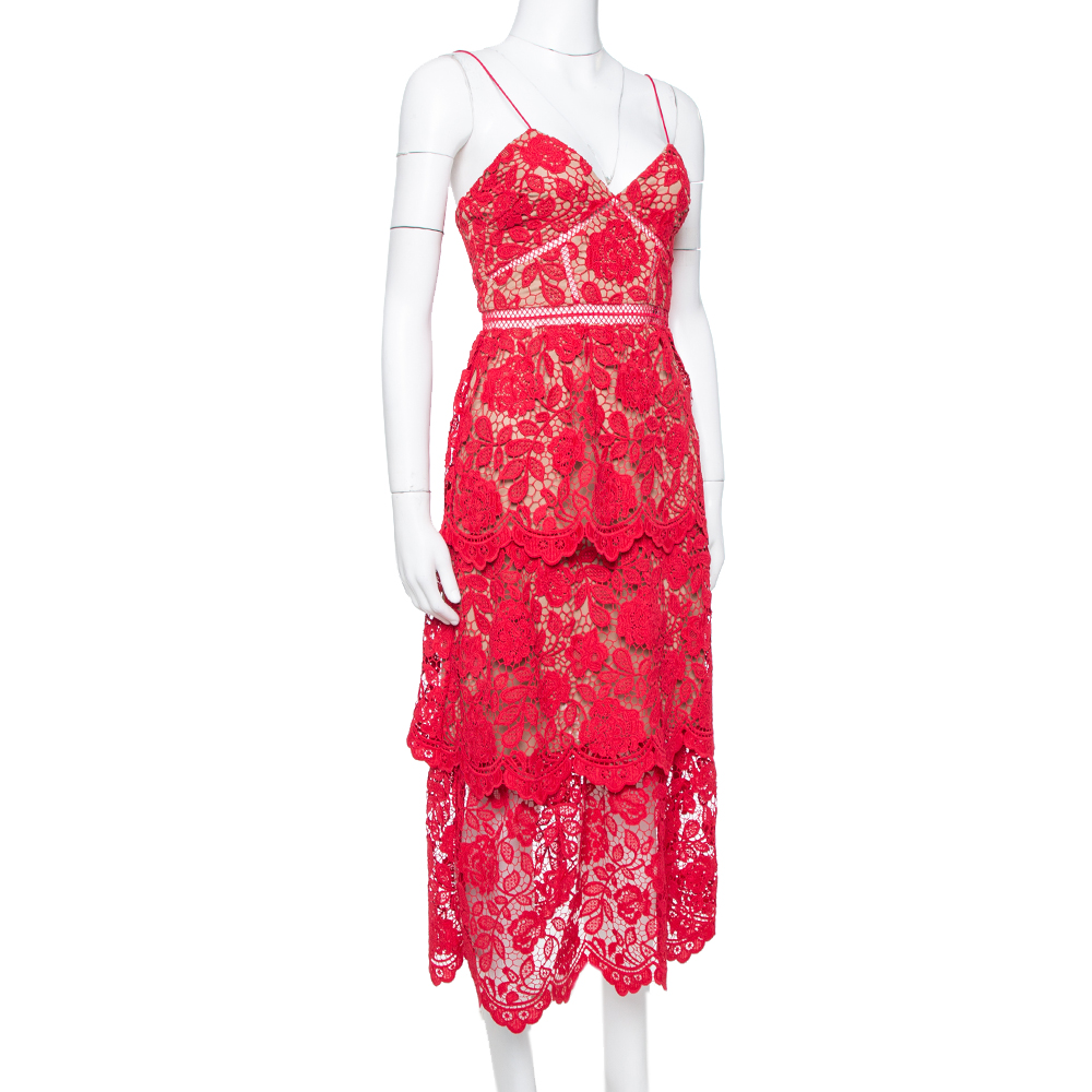 

Self-Portrait Crimson Red Guipure Lace Midi Dress