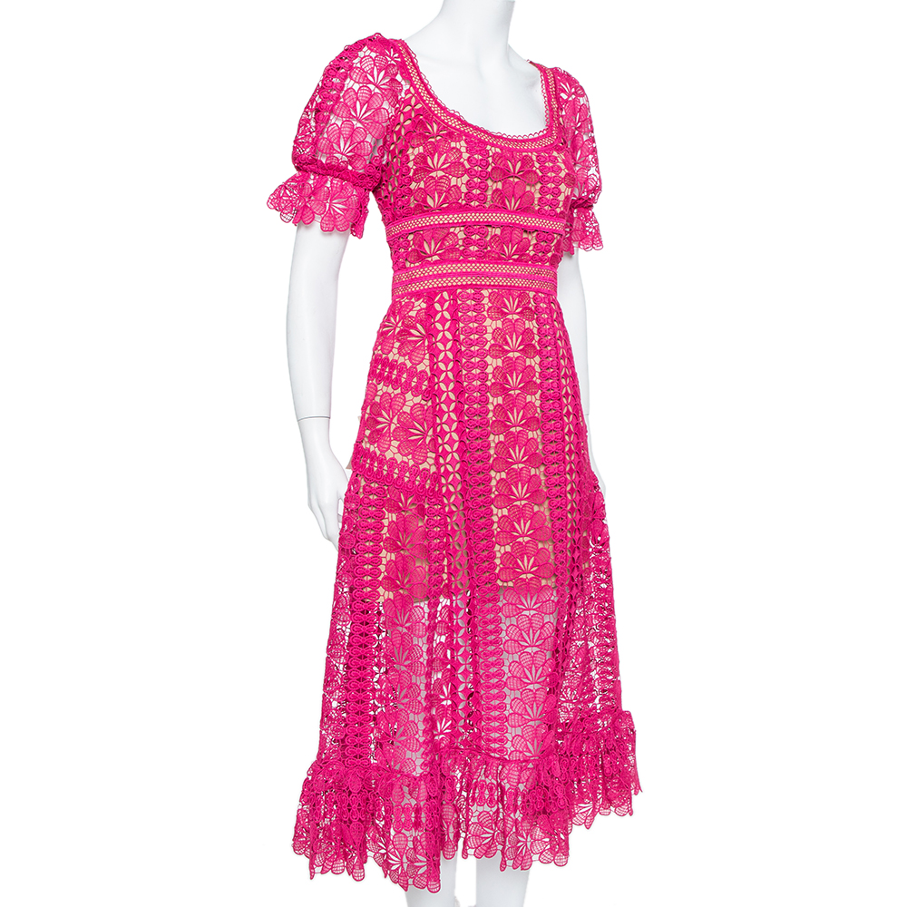 

Self Portrait Fuchsia Pink Guipure Lace Ruffle Detail Midi Dress