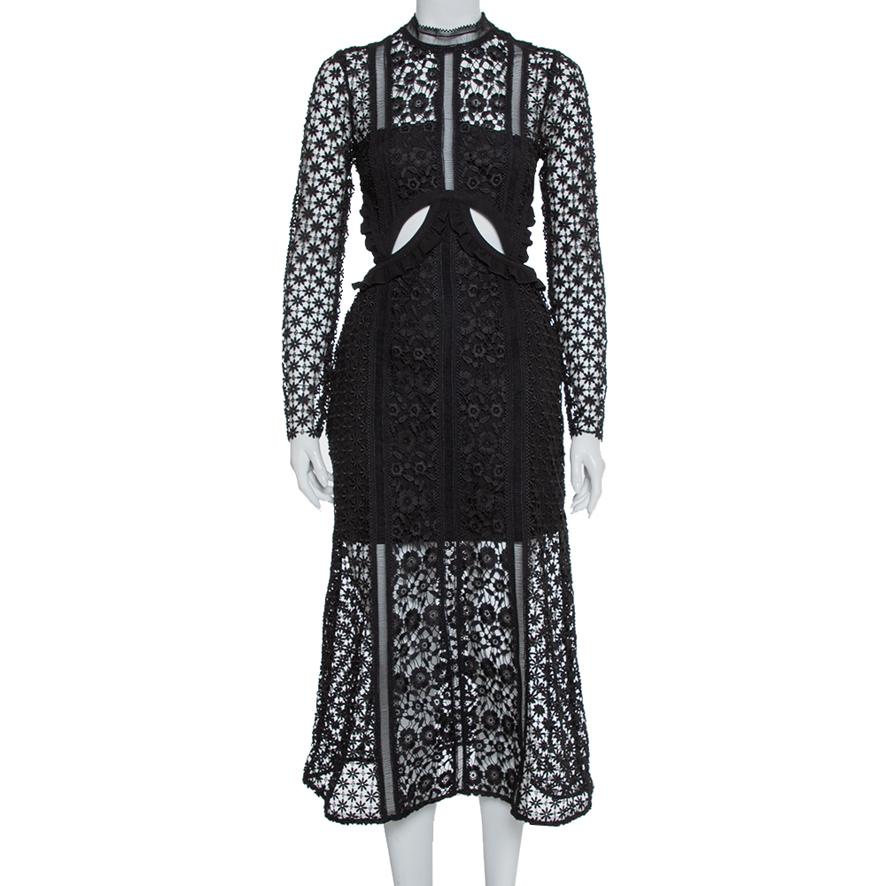 Pre-owned Self-portrait Black Guipure Lace Payne Cutout Midi Dress S