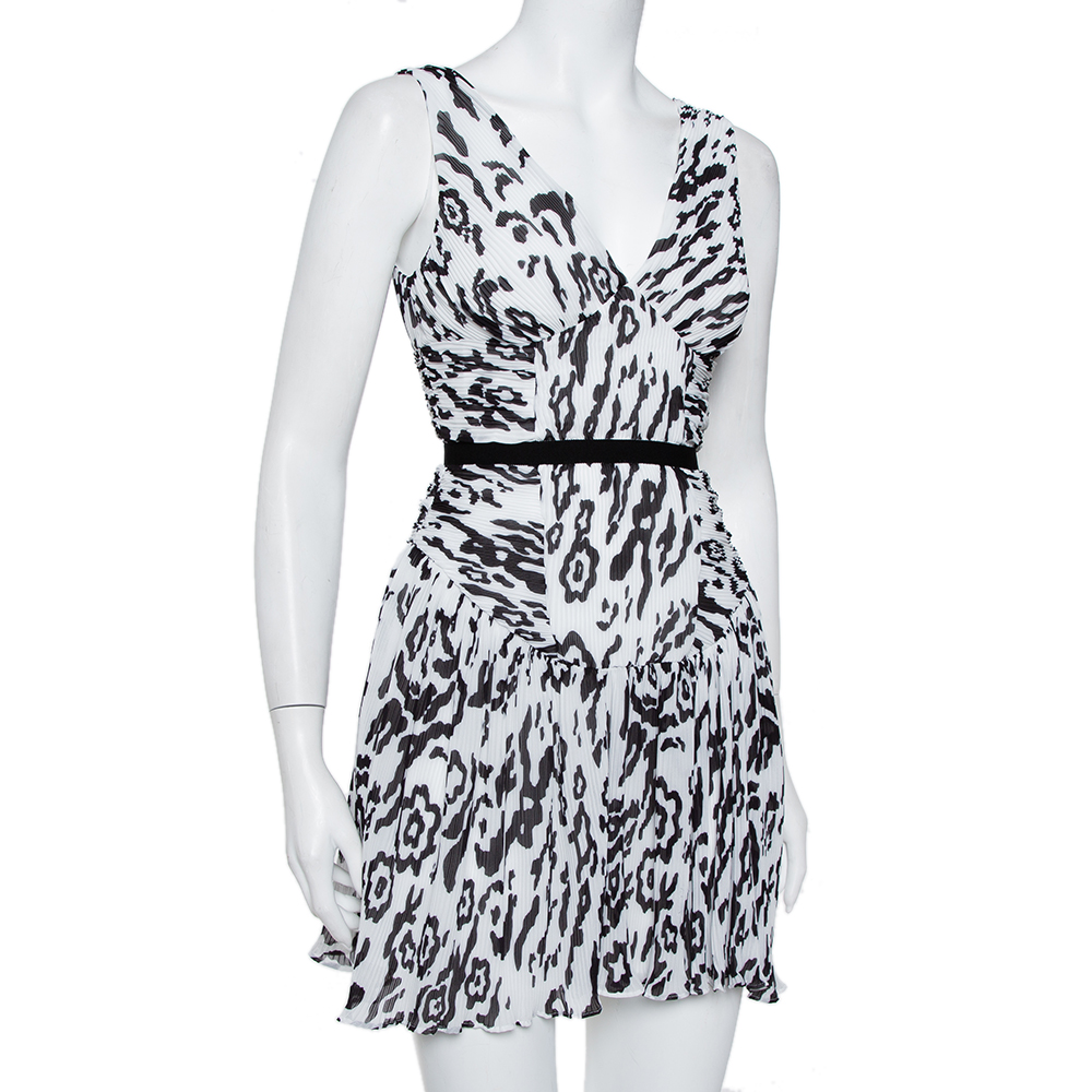 

Self-Portrait Monochrome Leopard Printed Plisse Chiffon Sleeveless Mini Dress, White