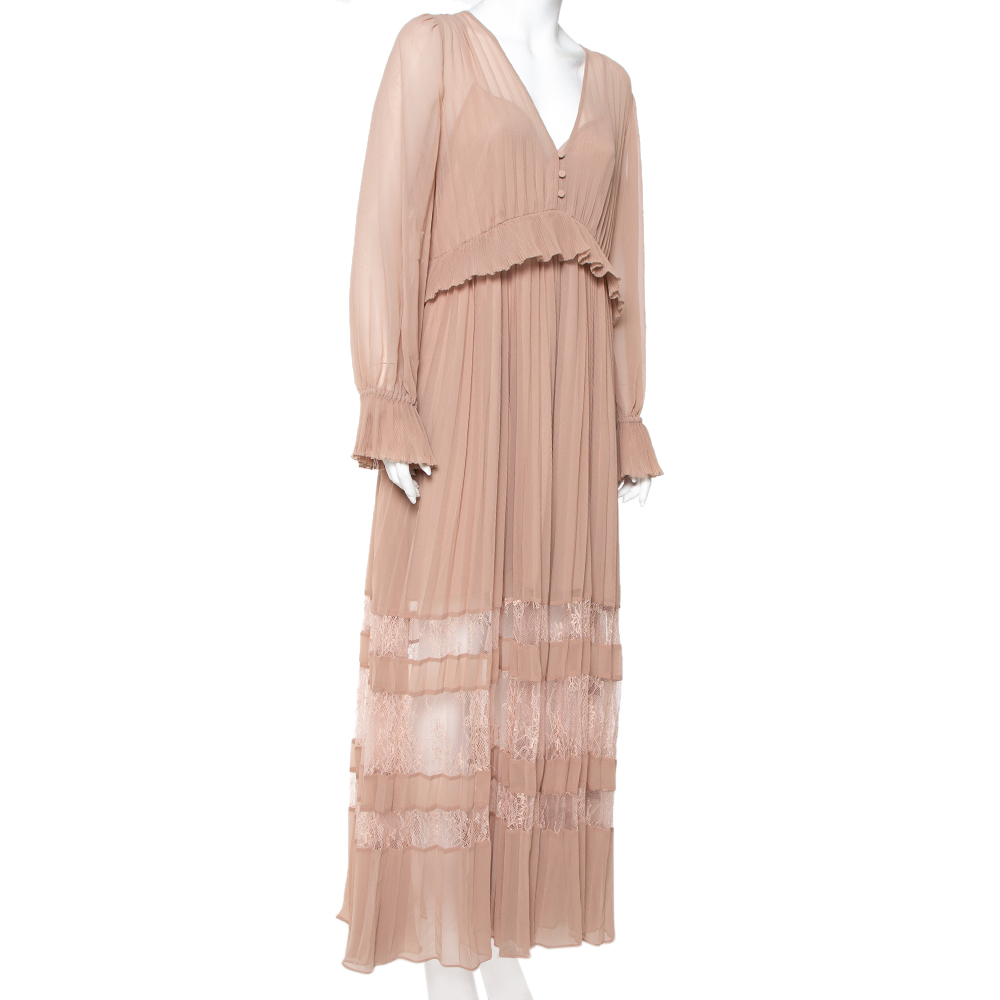 

Self Portrait Nude Pink Chiffon Pleated Lace Trim Detail Maxi Dress