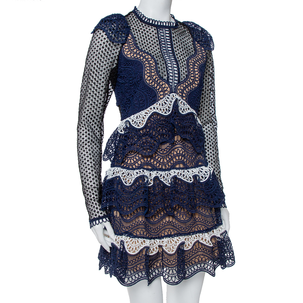 

Self Portrait Navy Blue Wave Guipure Lace Ruffled Mini Dress