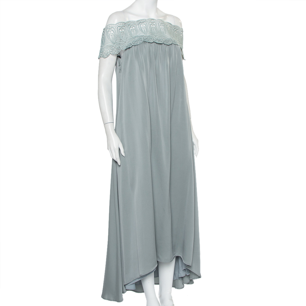 

Self-Portrait Grey Crepe Lace Trim Off Shoulder Maxi Dress