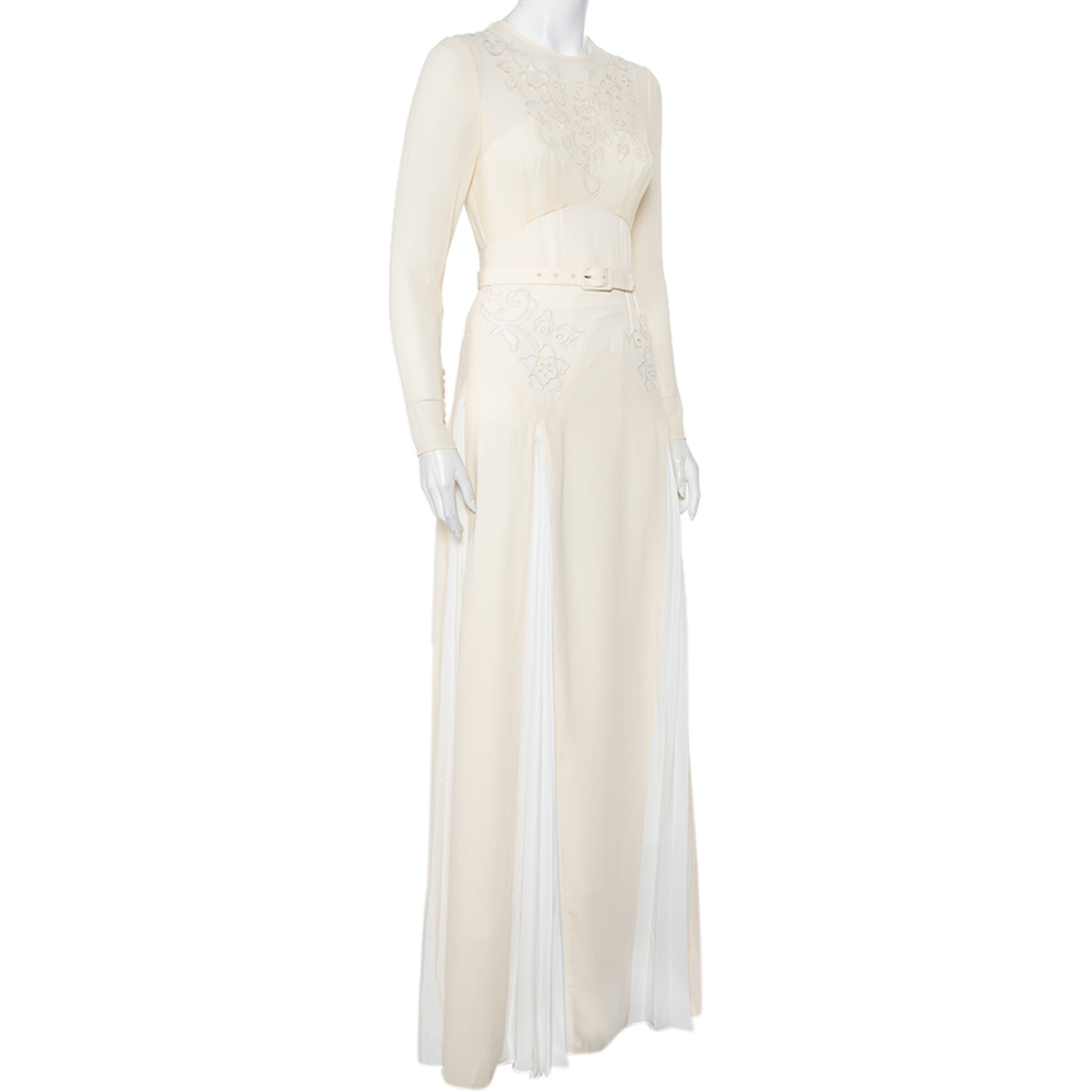

Self Portrait Cream Embroidered Crepe Contrast Paneled Belted Maxi Dress