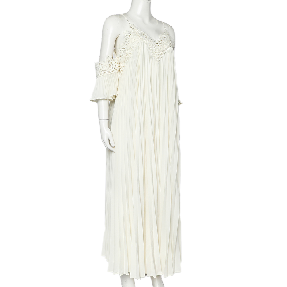 

Self Portrait Off-White Crepe Lace Trim Pleated Off Shoulder Dress