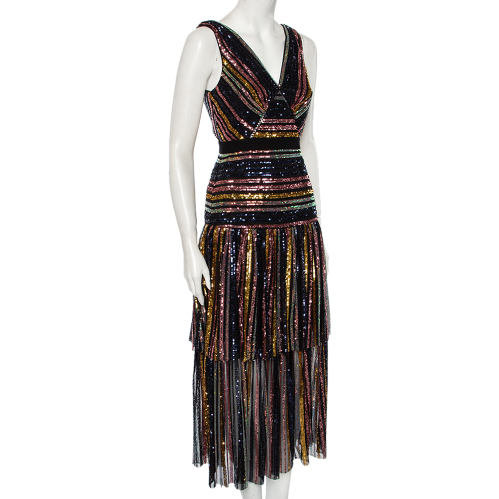 

Self-Portrait Multicolor Stripe Sequin Embellished Tulle Sleeveless Midi Dress