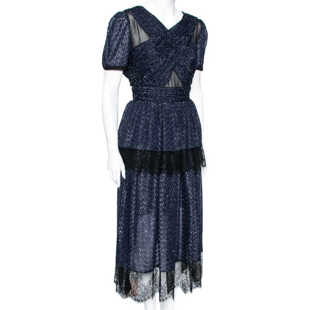 

Self-Portrait Navy Blue Metallic Fil De Coupe Lace Trimmed Tiered Dress