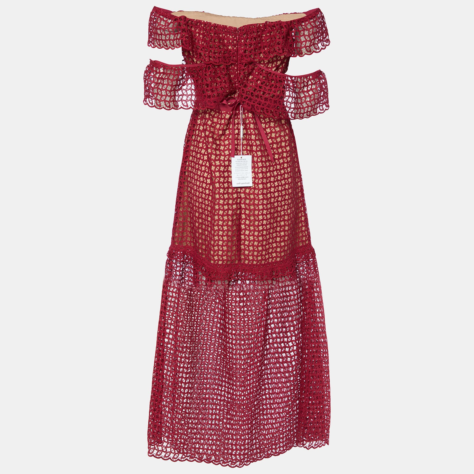 

Self Portrait Burgundy Lace Off Shoulder Maxi Dress