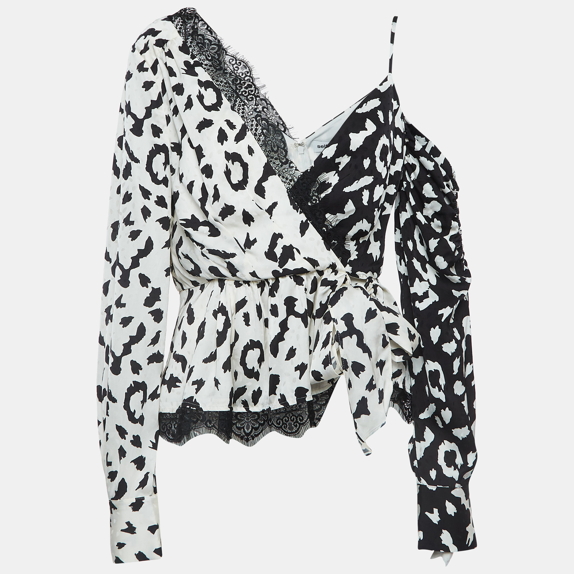 Self-Portrait Black/White Leopard Print Crepe Wrap Top M