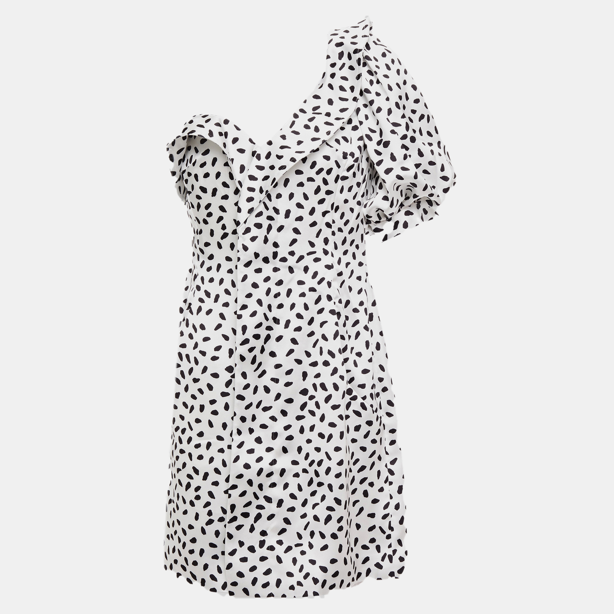 Self Portrait Black/White Printed Satin One-Shoulder Mini Dress L (UK 14)