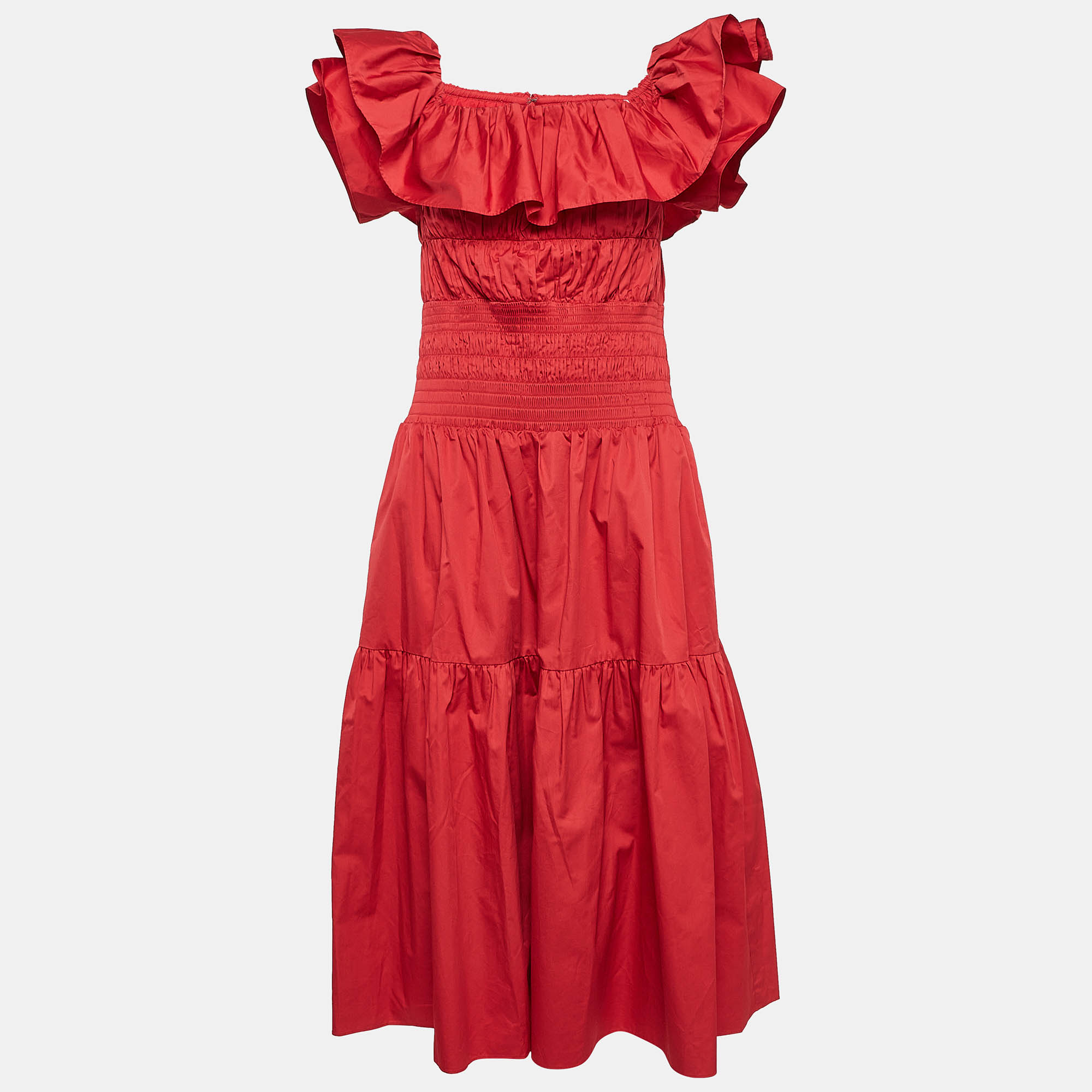 

Self-Portrait Red Poplin Smocked Off-Shoulder Midi Dress L