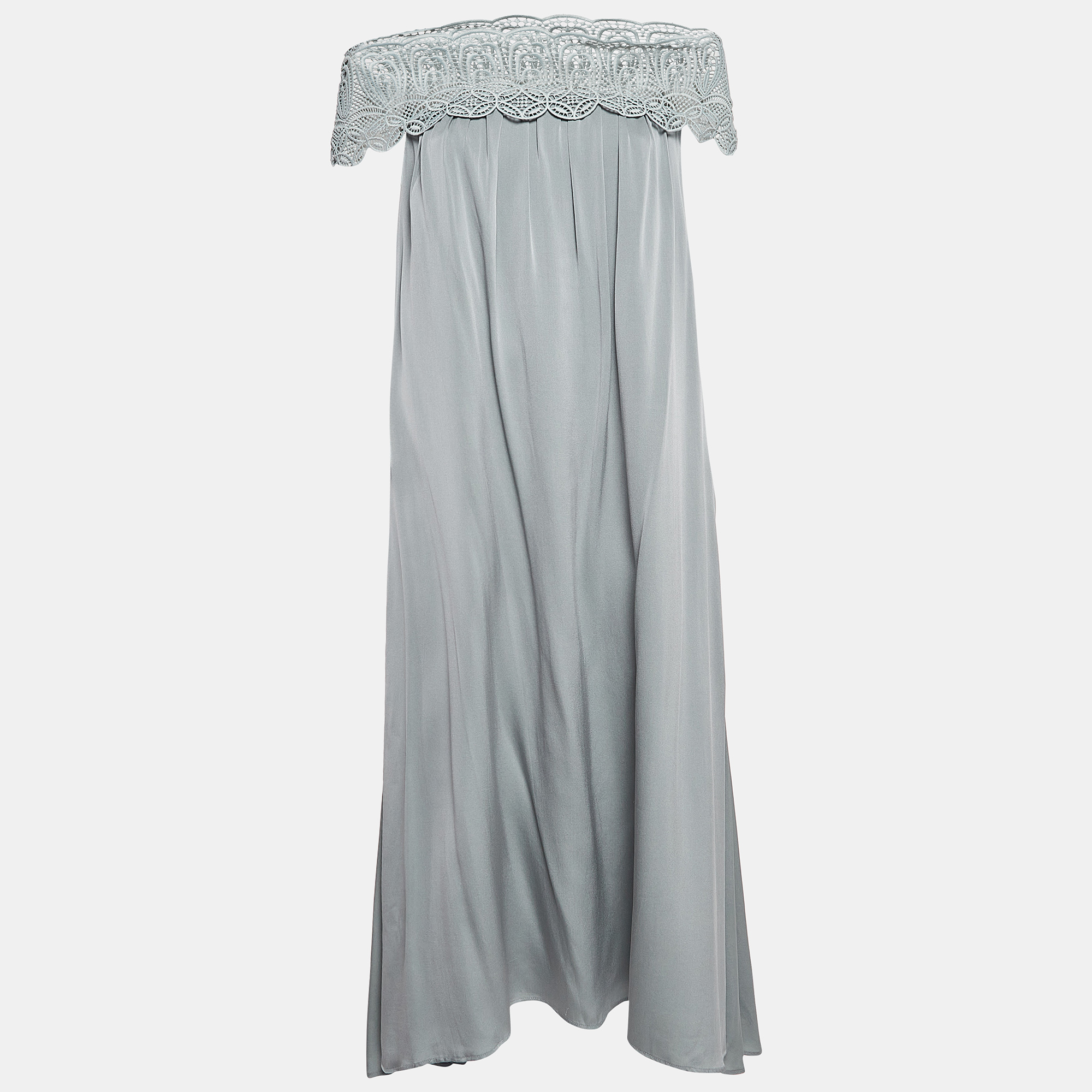 

Self Portrait Grey Silk & Lace Trim Off Shoulder Bardot Dress M