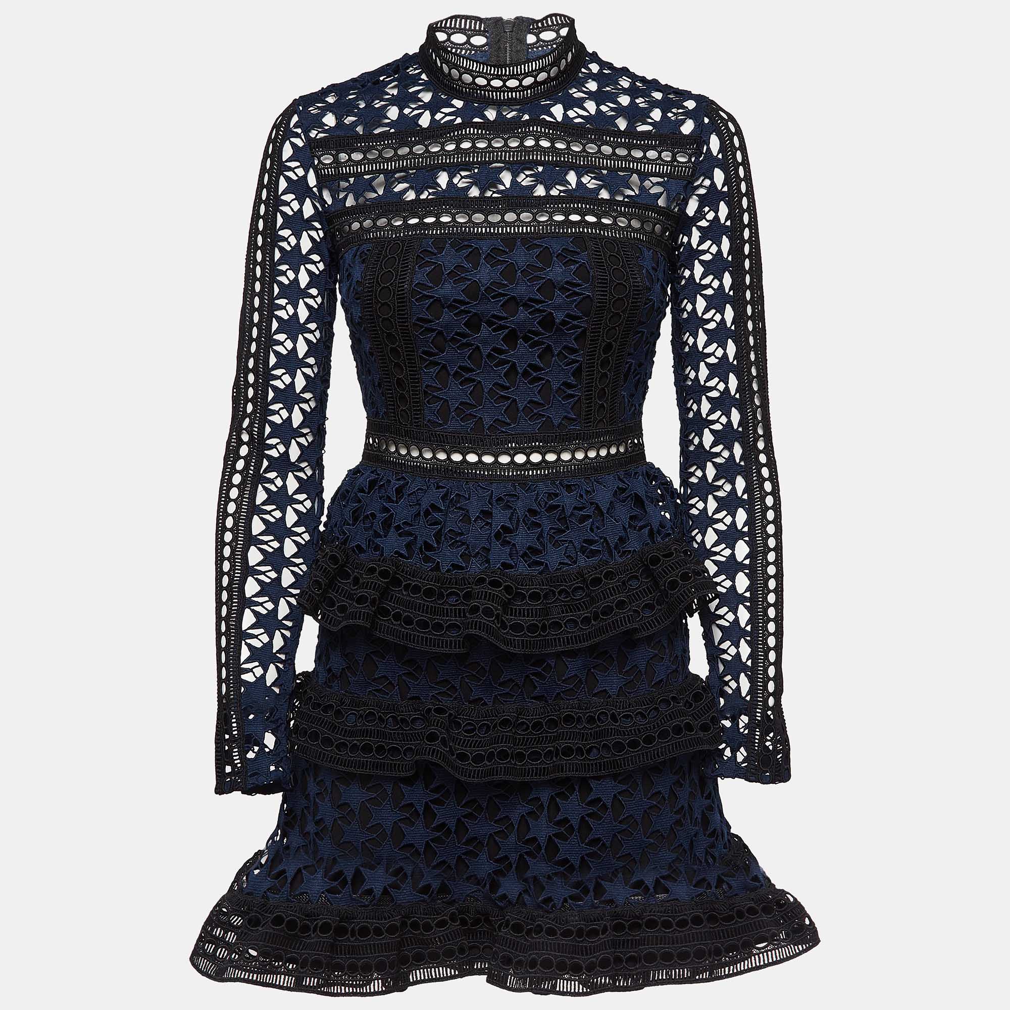 Pre-owned Self-portrait Navy Blue Star Pattern Guipure Lace Ruffled Mini Dress S