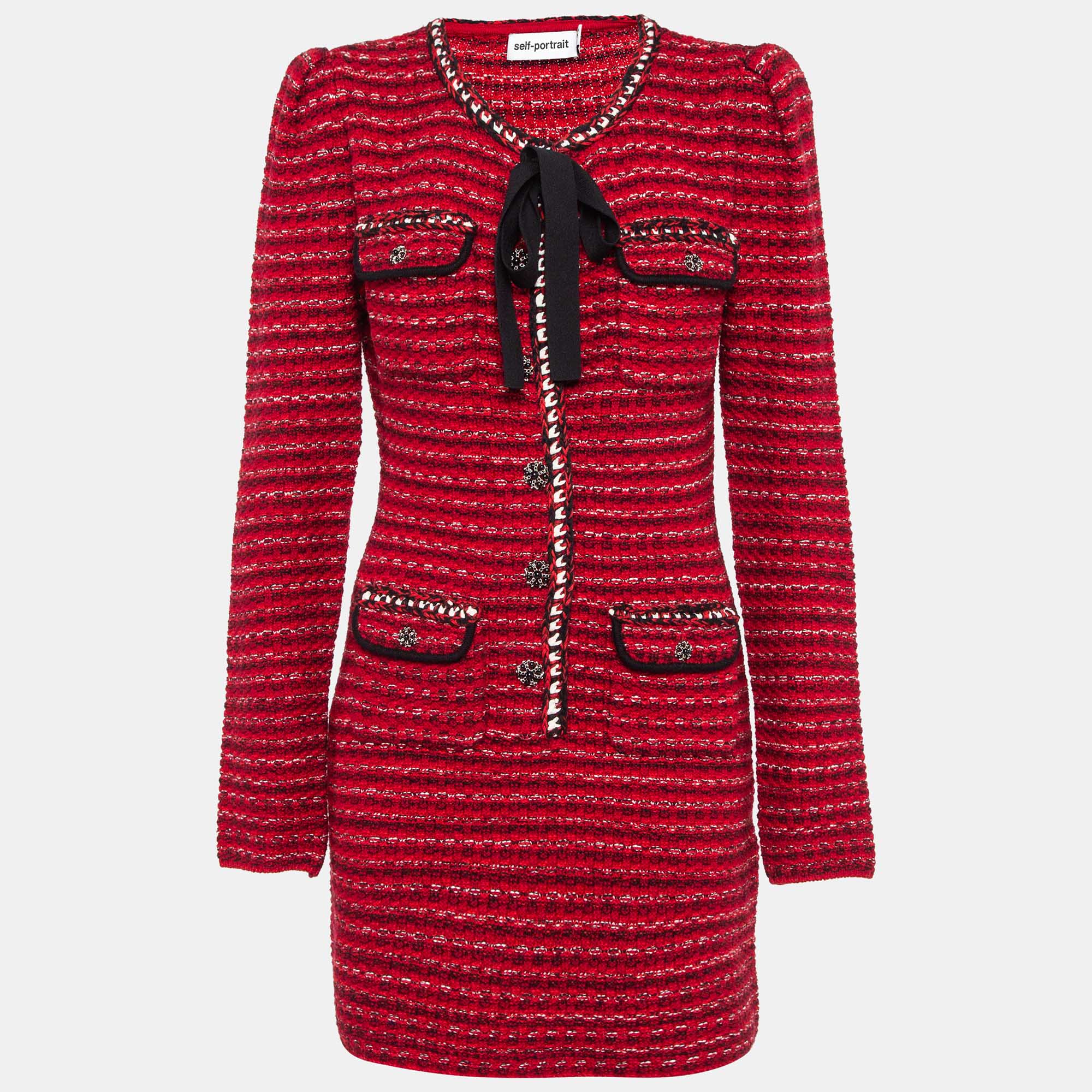 

Self-Portrait Red Patterned Wool Blend Melange Knit Mini Dress L