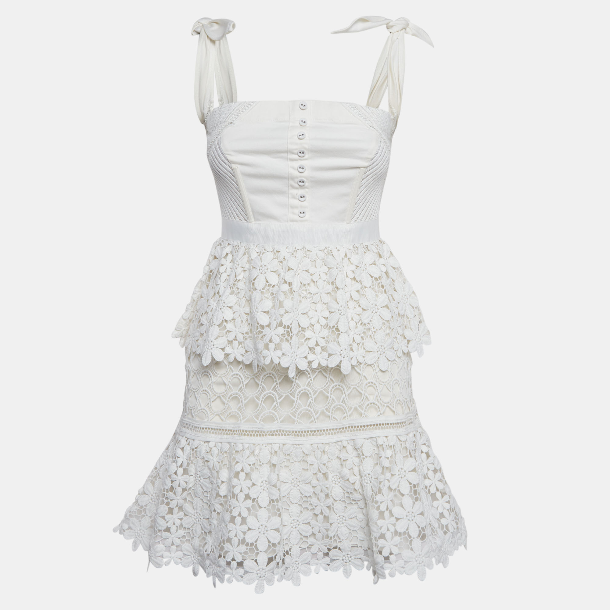 

Self-Portrait White Lace Tiered Off-Shoulder Mini Dress S