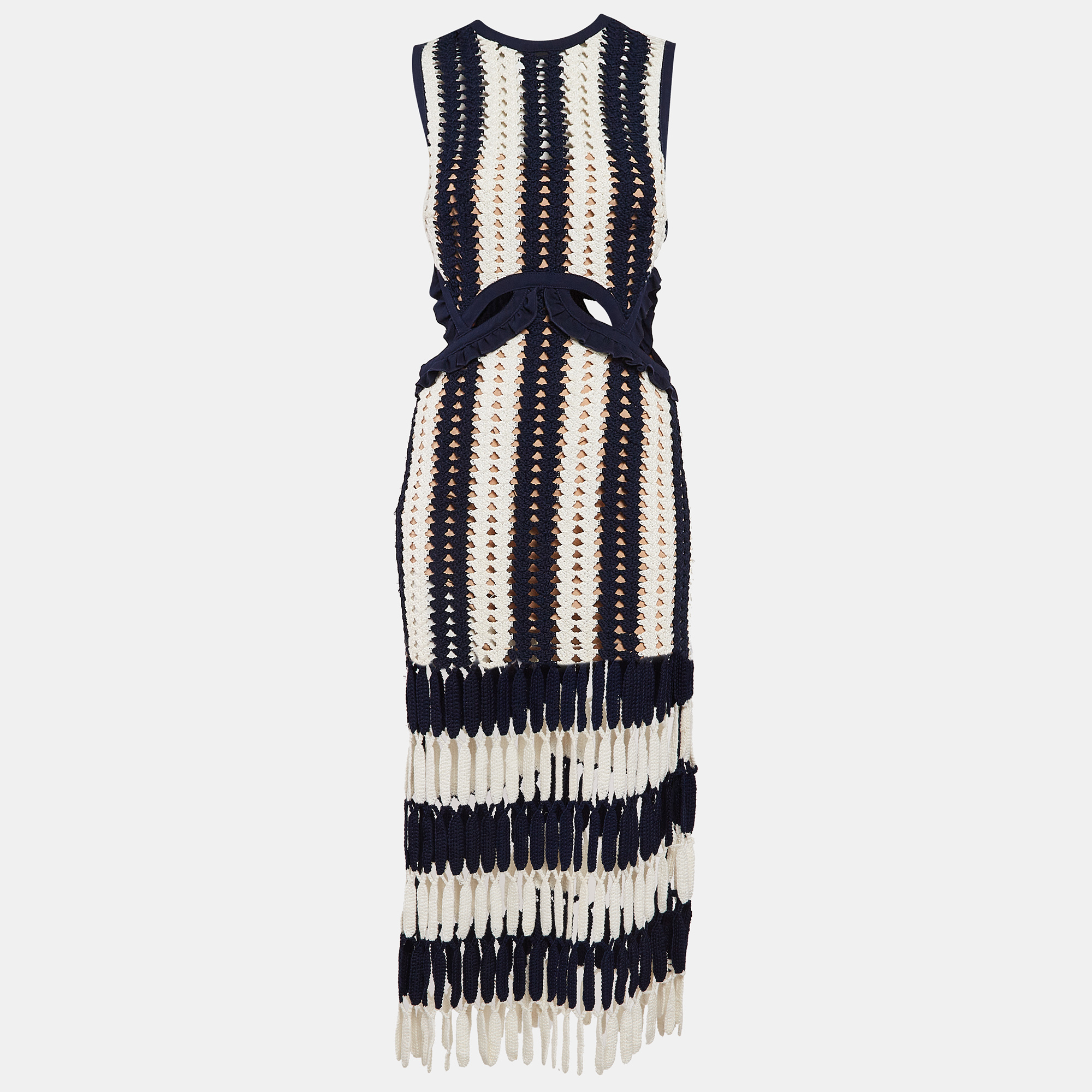 

Self-Portrait Navy Blue/ White Crochet Knit Cut-Out Midi Dress M