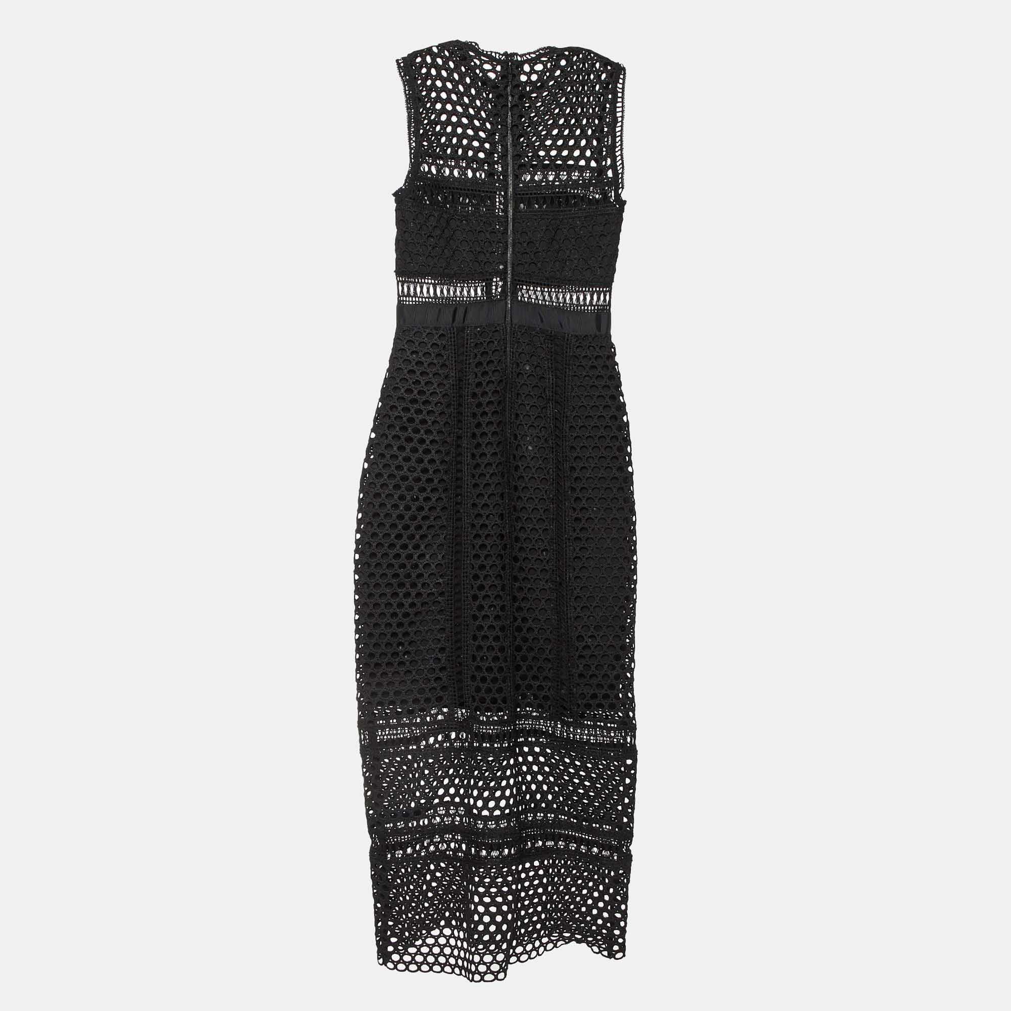 

Self-Portrait Black Guipure Lace Paneled Sleeveless Midi Dress S