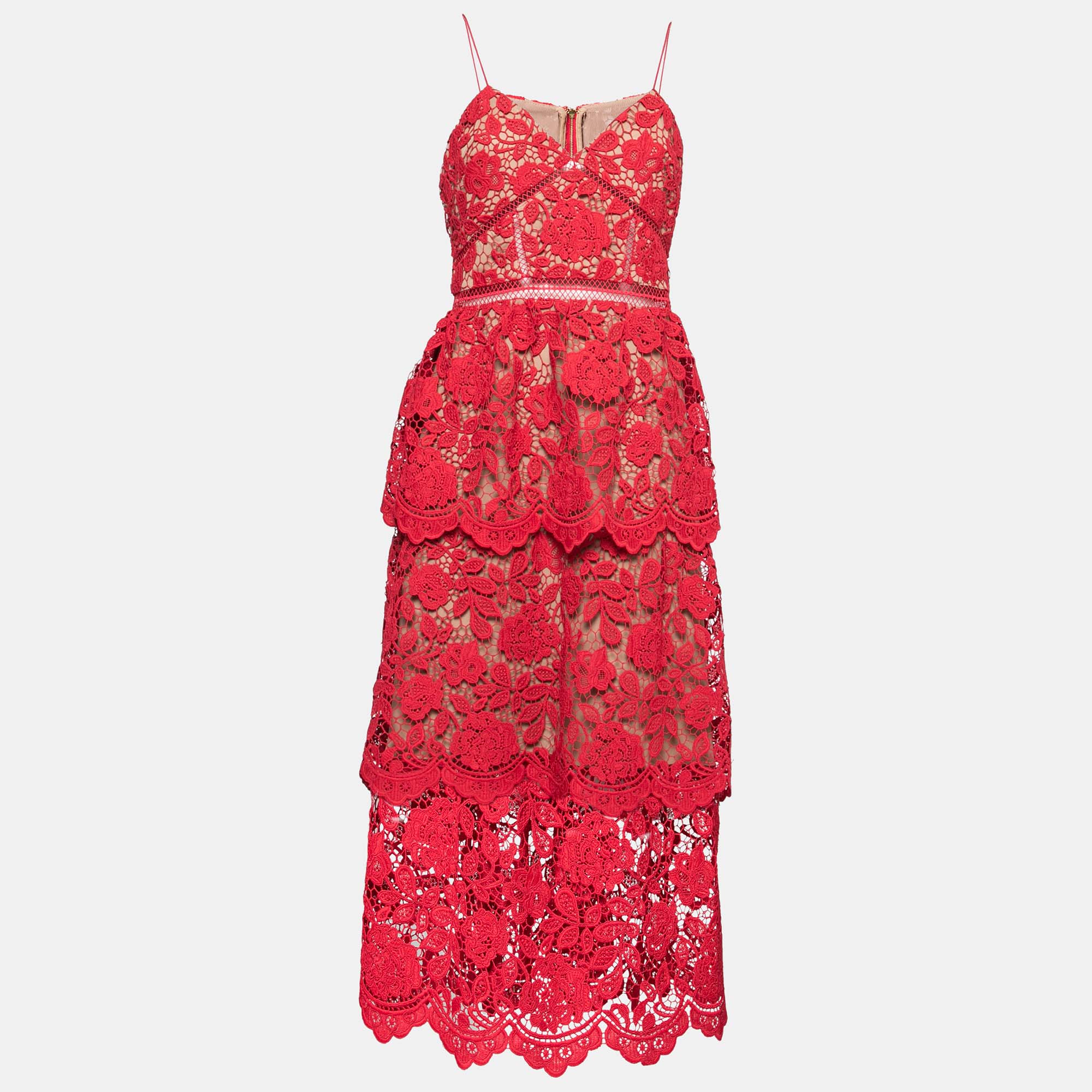 

Self-Portrait Red Floral Guipure Lace Tiered Midi Dress M