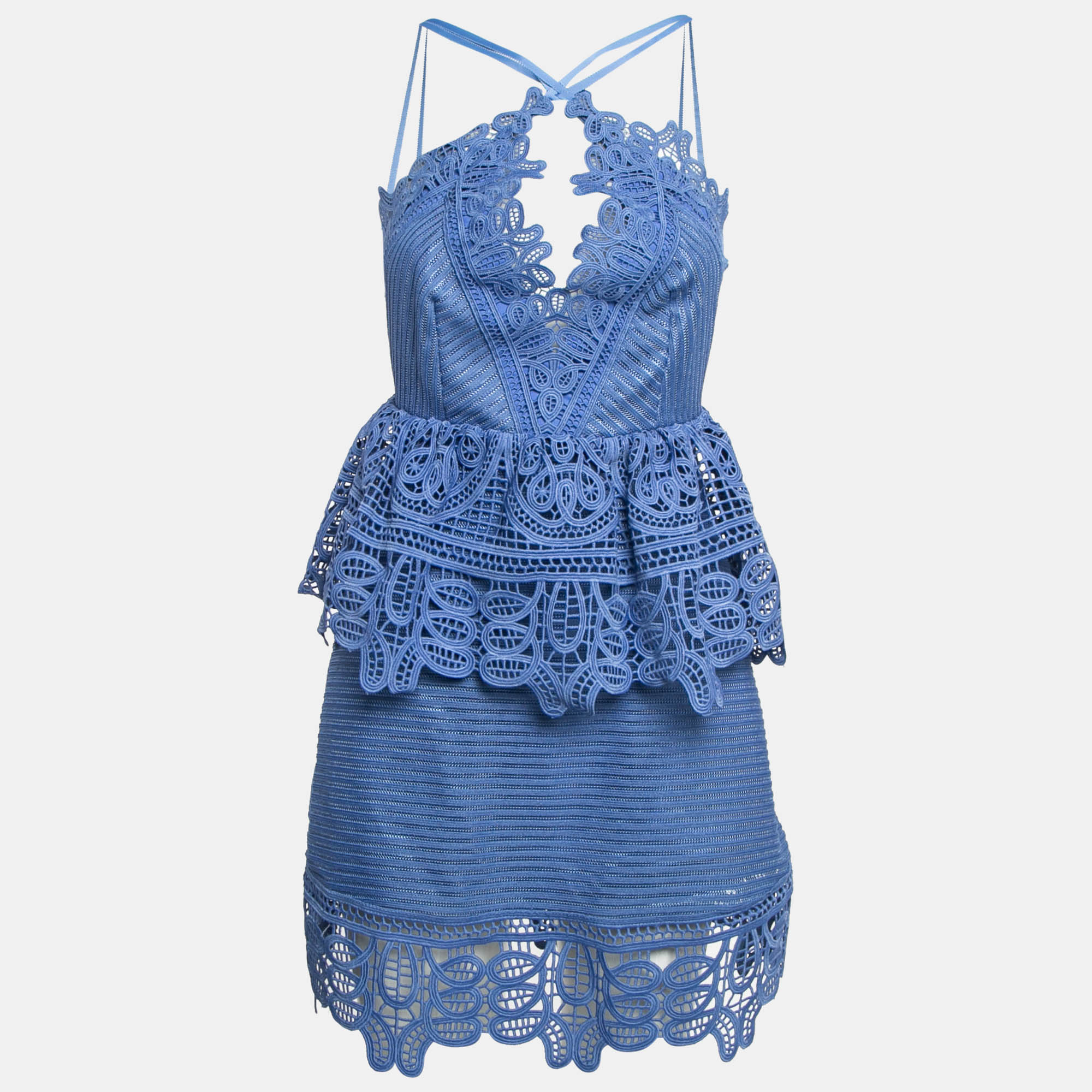 Pre-owned Self-portrait Blue Guipure Lace Ruffled Mini Dress S