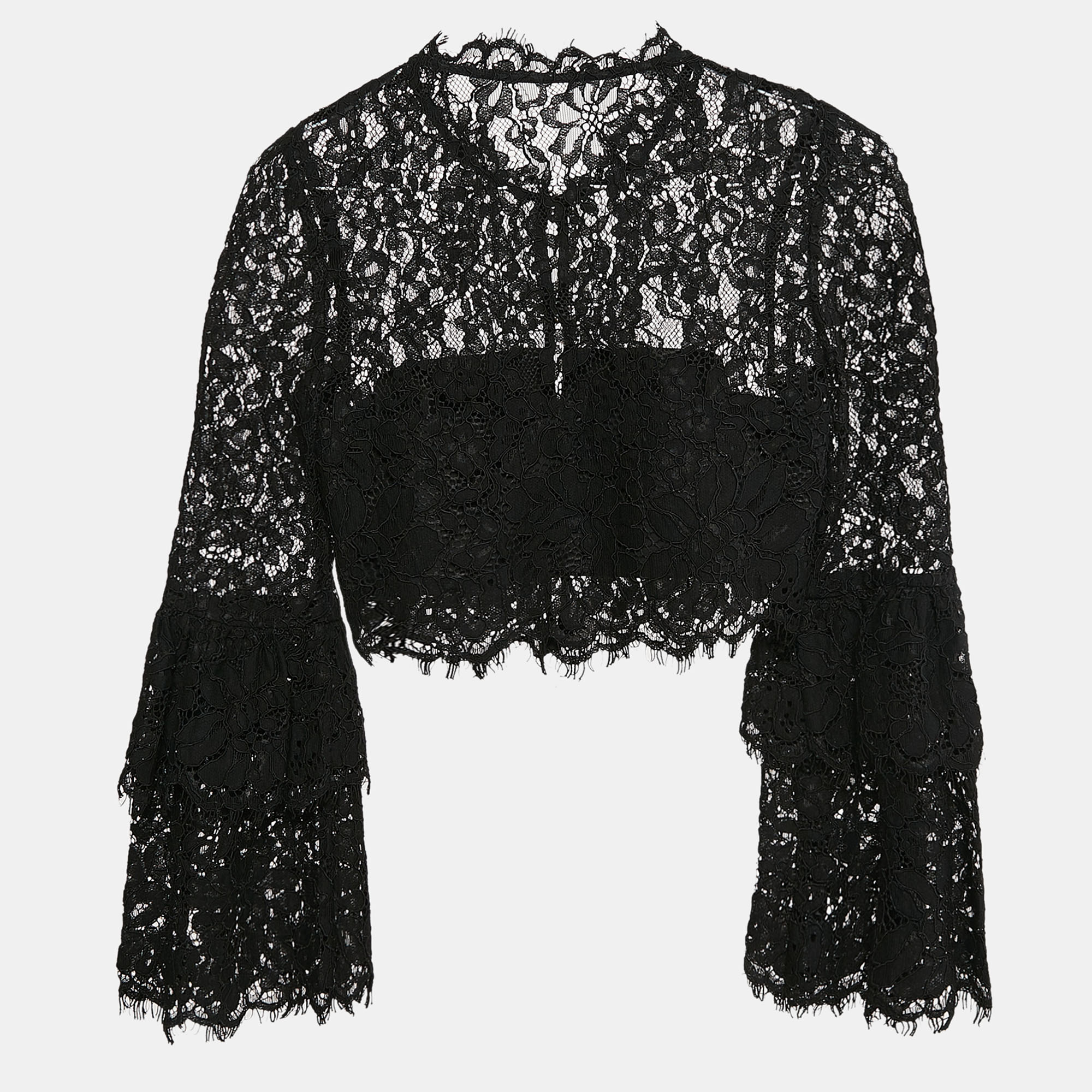 

Self-Portrait Black Lace Flared Sleeve Button Front Crop Top S