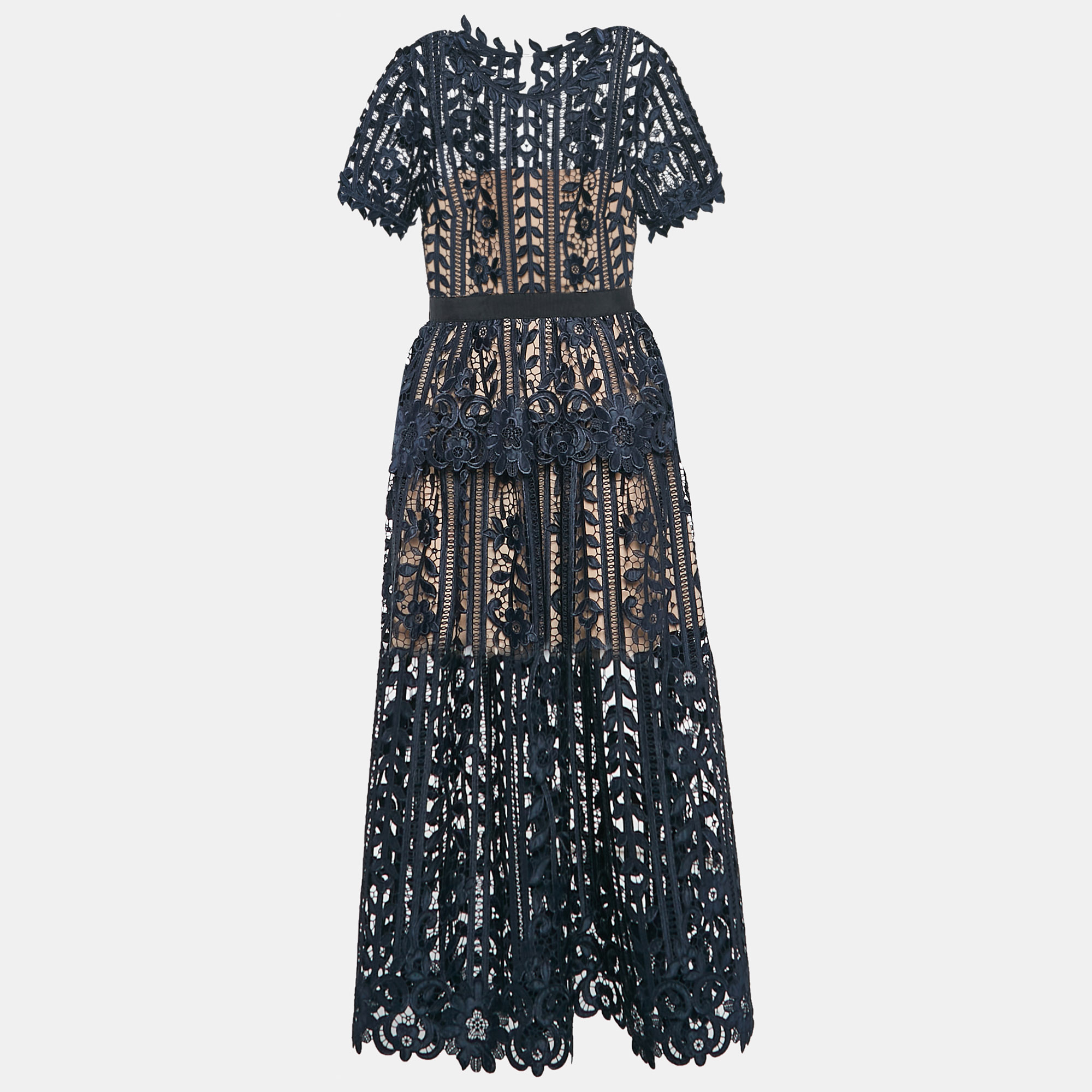 

Self-Portrait Navy Blue Floral Lace Tiered Midi Dress S