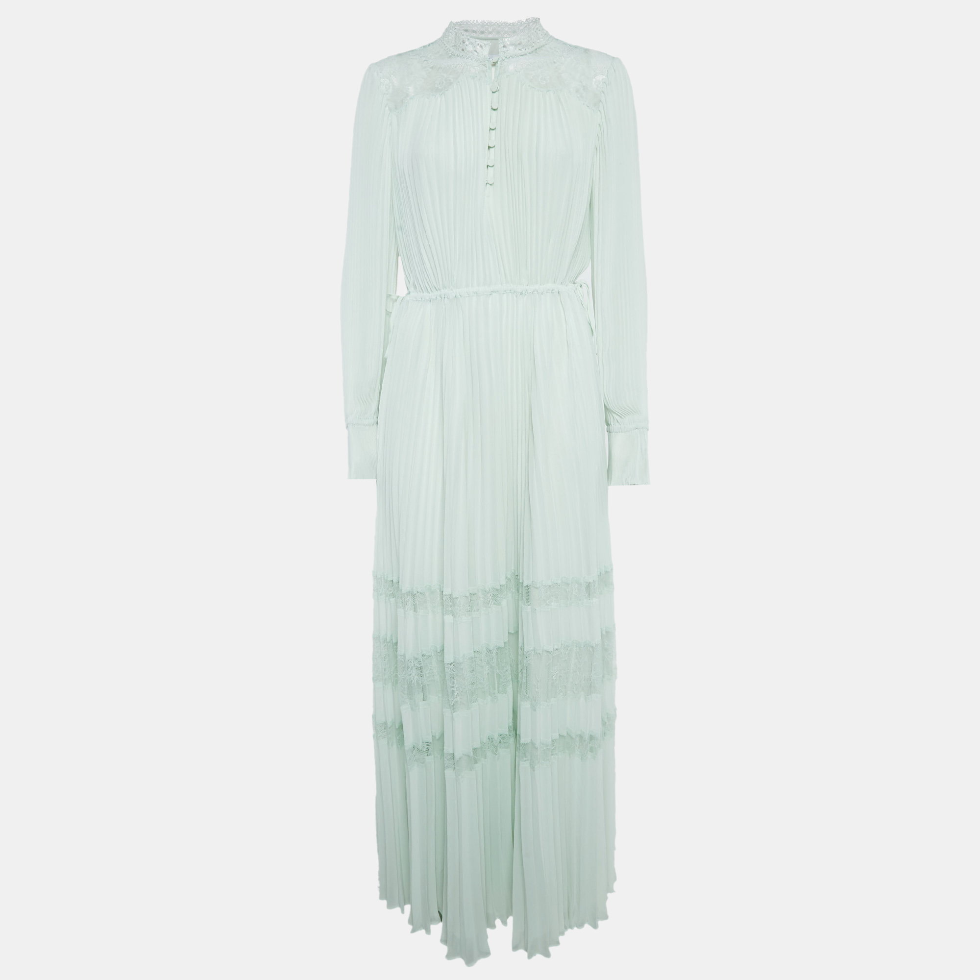 

Self-Portrait Light Green Corded Lace-Trim Chiffon Plisse Maxi Dress M